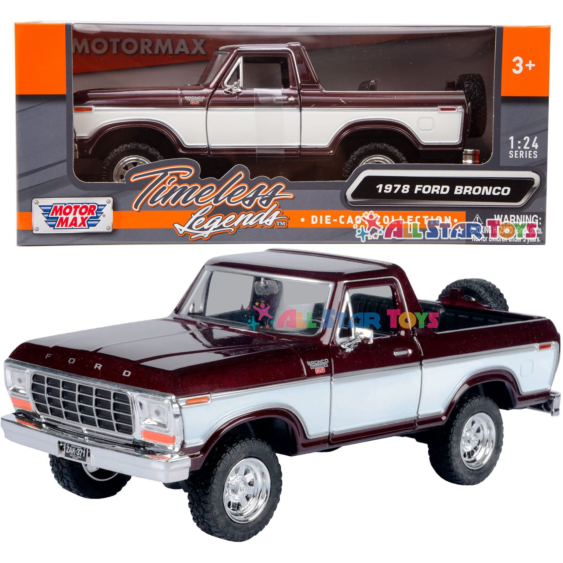 1978 Ford Bronco Ranger XLT (Open Top) with Spare Tire Blue Metallic and Silver Timeless Legends Series 1/24 Diecast Model Car by Motormax