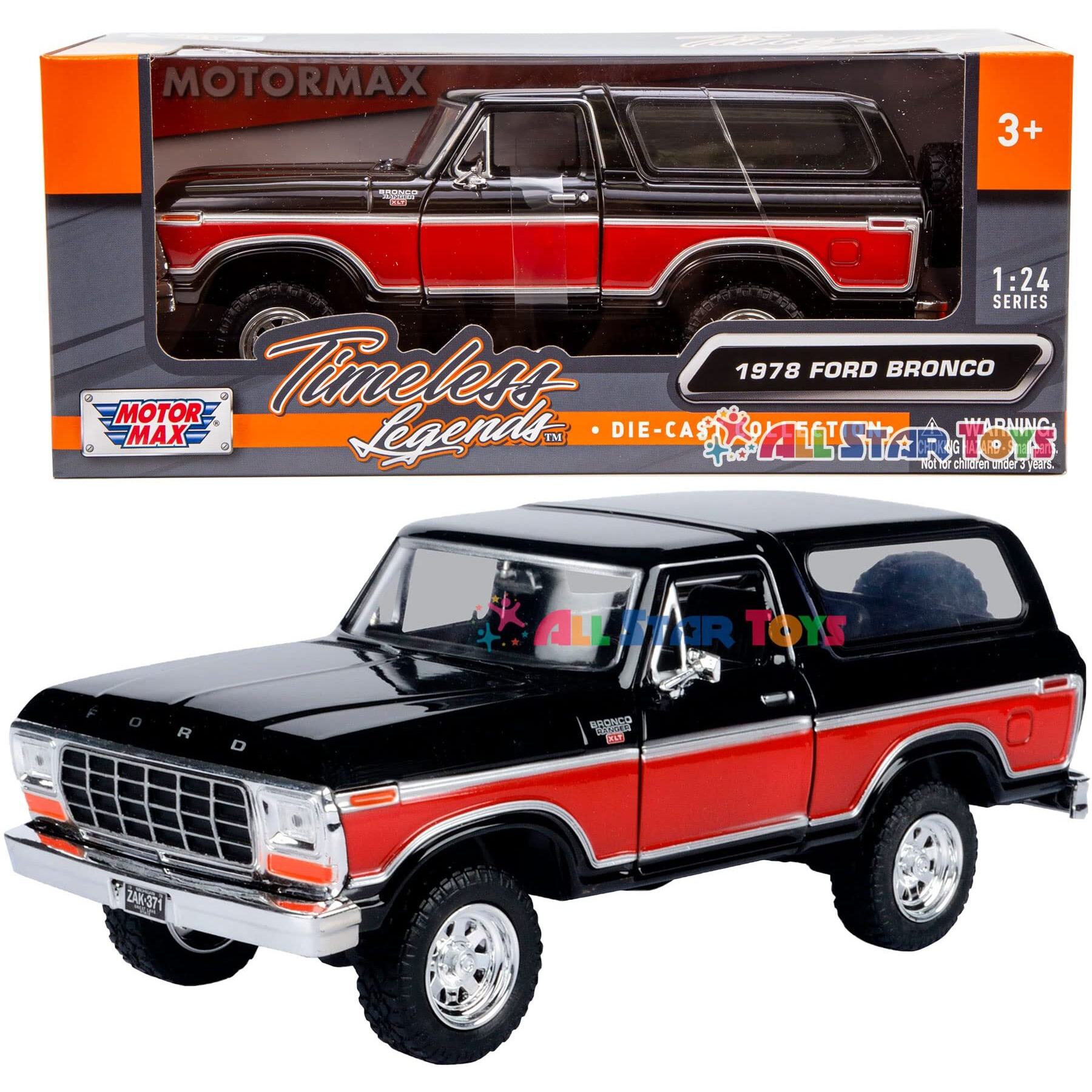 1978 Ford Bronco Ranger XLT with Spare Tire Black and Red Timeless Legends Series 1/24 Diecast Model Car by Motormax