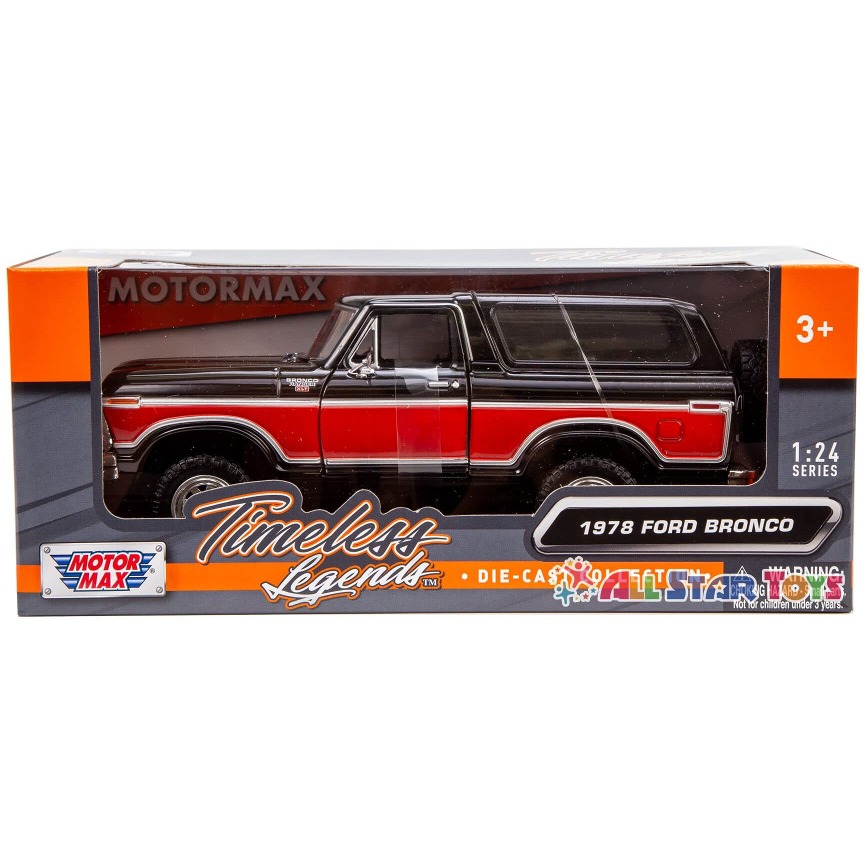 1978 Ford Bronco Ranger XLT with Spare Tire Black and Red Timeless Legends Series 1/24 Diecast Model Car by Motormax