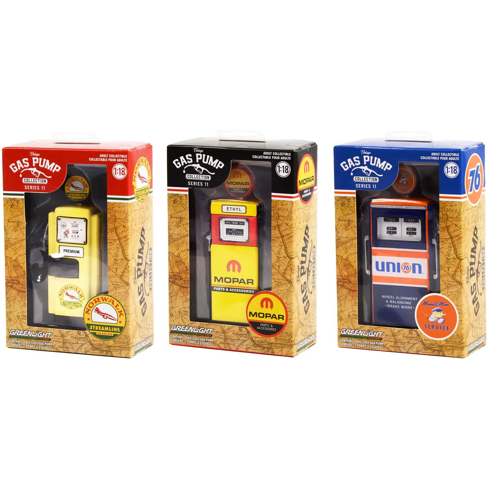 Vintage Gas Pump Set of 3 Pumps Series 11 1/18 Diecast Models by Greenlight