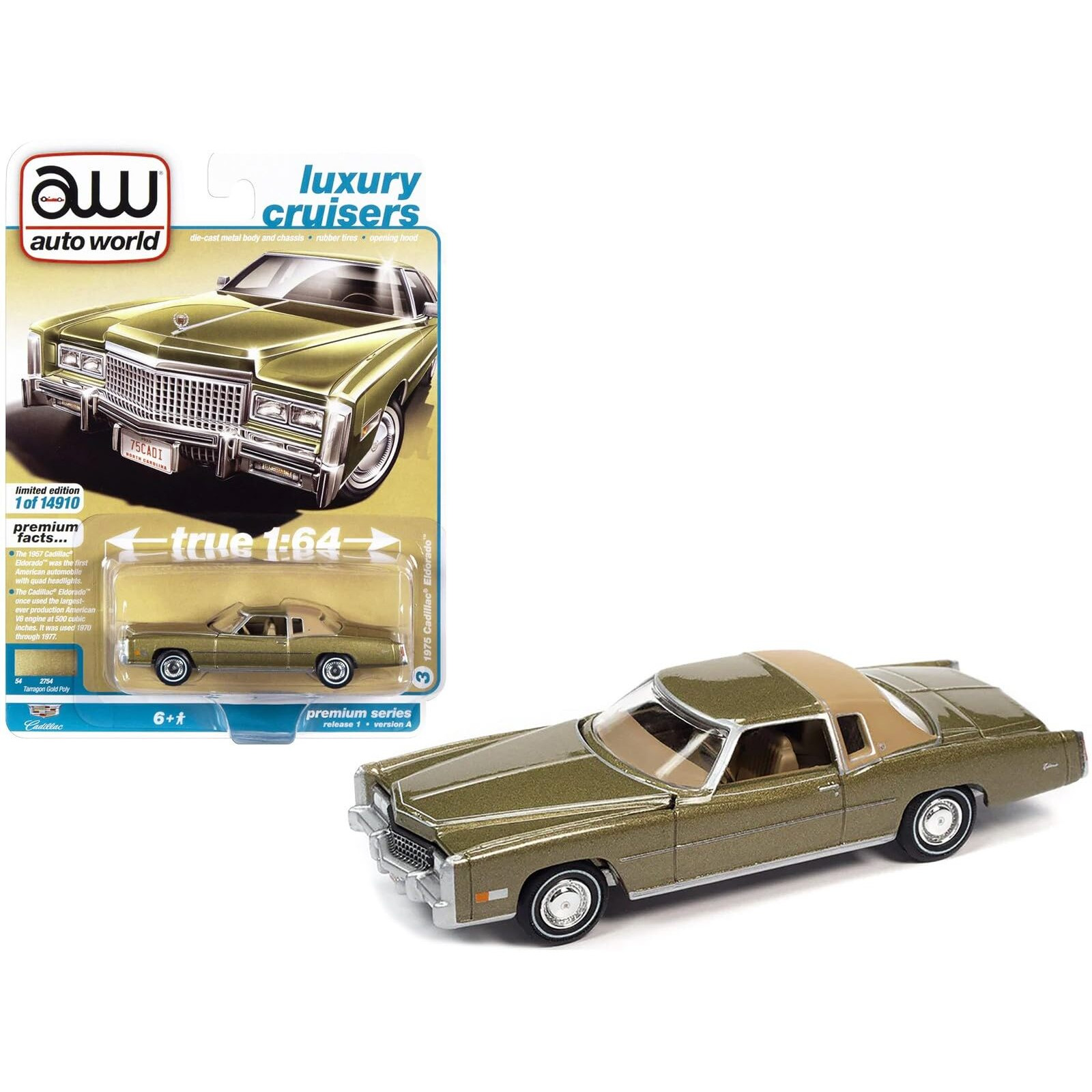 1975 Cadillac Eldorado Tarragon Gold Metallic with Rear Section of Roof Sandalwood Tan &quotLuxury Cruisers" Limited Edition to 14910 pieces Worldwide 1/64 Diecast Model Car by Auto World