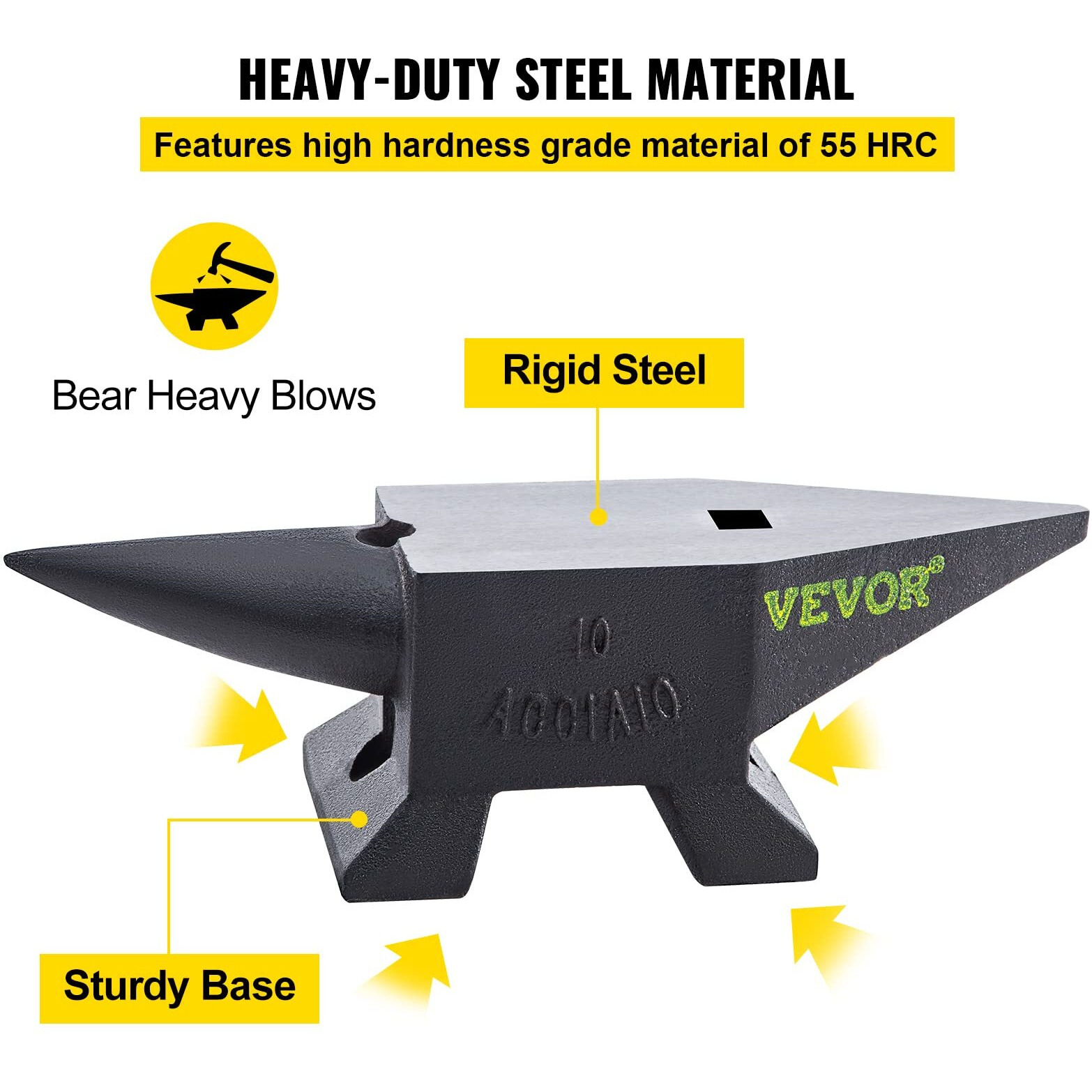 VEVOR Cast Steel Anvil, 22 Lbs(10kg) Single Horn Anvil with Large Countertop and Stable Base, High Hardness Rugged Round Horn Anvil Blacksmith, for Bending, Shaping