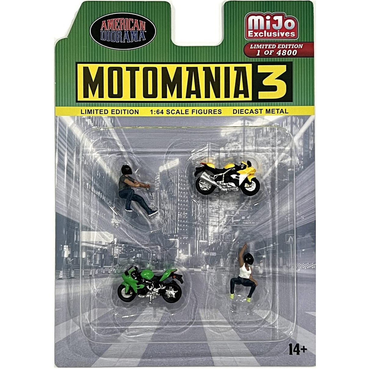 &quotMotomania 3" 4 piece Diecast Set (2 Figures and 2 Motorcycles) Limited Edition to 4800 pieces Worldwide for 1/64 Scale Models by American Diorama