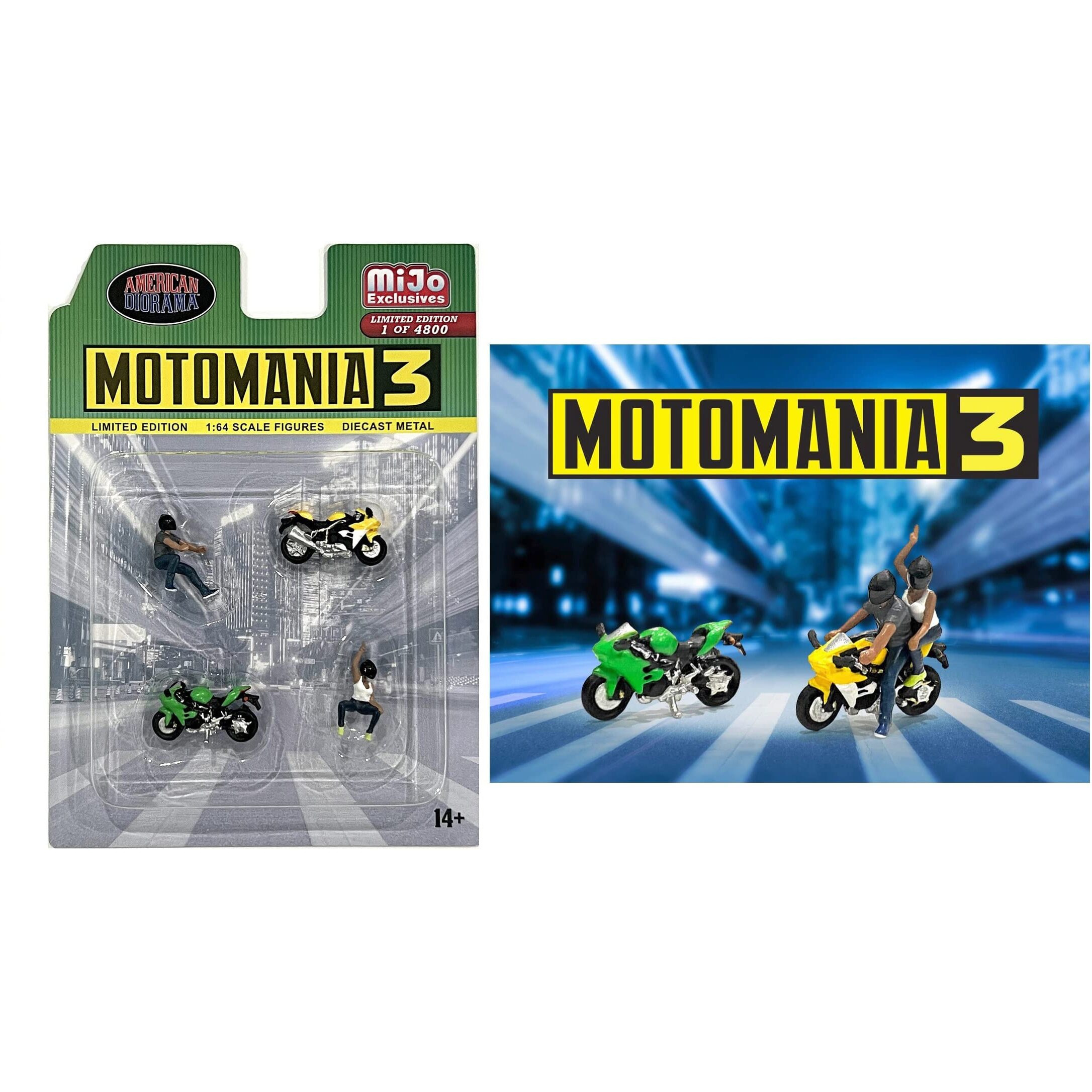 &quotMotomania 3" 4 piece Diecast Set (2 Figures and 2 Motorcycles) Limited Edition to 4800 pieces Worldwide for 1/64 Scale Models by American Diorama