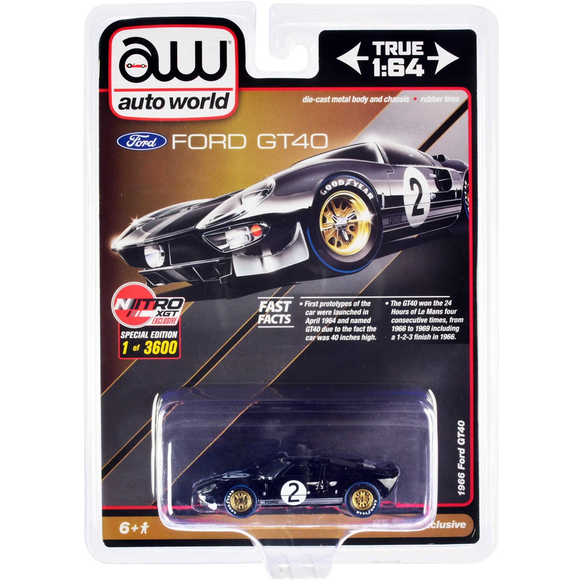 1966 Ford GT40 RHD (Right Hand Drive) 2 Black with Silver Stripes Limited Edition to 3600 pieces Worldwide 1/64 Diecast Model Car by Auto World
