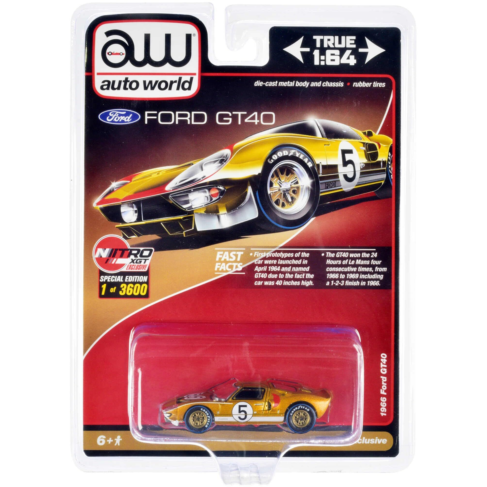 1966 Ford GT40 RHD (Right Hand Drive) 5 Gold with Graphics Limited Edition to 3600 pieces Worldwide 1/64 Diecast Model Car by Auto World