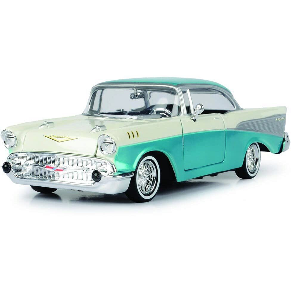1957 Chevrolet Bel Air Lowrider Turquoise Metallic and White &quotGet Low" Series 1/24 Diecast Model Car by Motormax