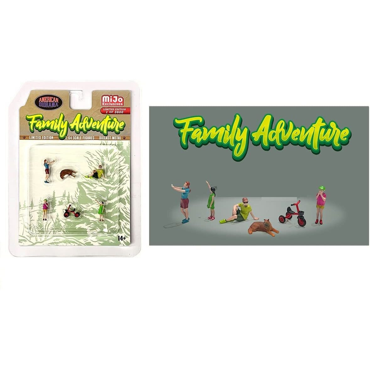 &quotFamily Adventure" 6 piece Diecast Figure Set (4 Figures 1 Dog 1 Tricycle) Limited Edition to 3600 pieces Worldwide 1/64 Scale Models by American Diorama