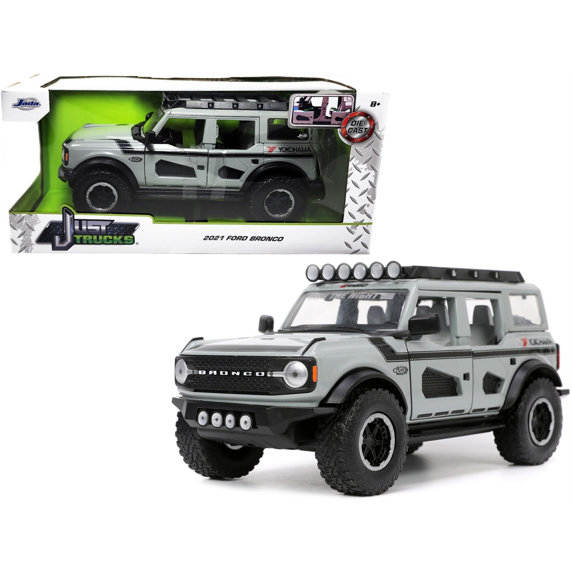 2021 Ford Bronco Gray with Black Stripes with Roof Rack &quotOwn the Night" &quotJust Trucks" Series 1/24 Diecast Model Car by Jada