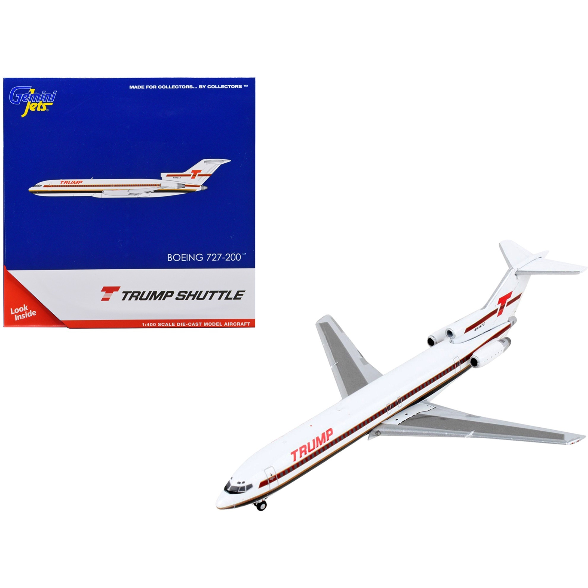 Boeing 727-200 Commercial Aircraft &quotTrump Shuttle" White with Red Stripes 1/400 Diecast Model Airplane by GeminiJets