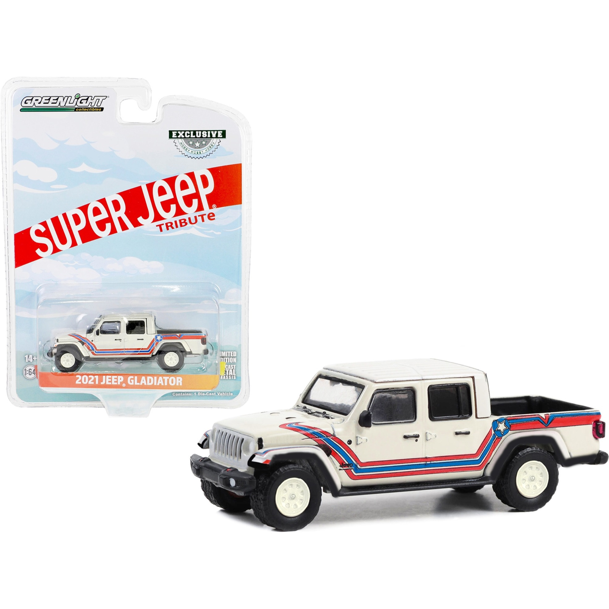 2021 Jeep Gladiator Pickup Truck &quotSuper Jeep Tribute" White with Red and Blue Stripes &quotHobby Exclusive" Series 1/64 Diecast Model Car by Greenlight
