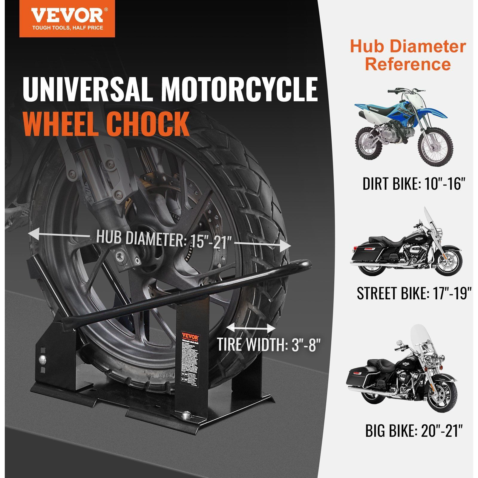 VEVOR Motorcycle Wheel Chock, 1800 lbs Capacity Wheel Cradle Holder, Heavy-duty Steel Motorcycle Front Wheel Stand with 3 Adjustable Holes, For 15"-21" Off-Road Motorcycles, Standard Motorcycles