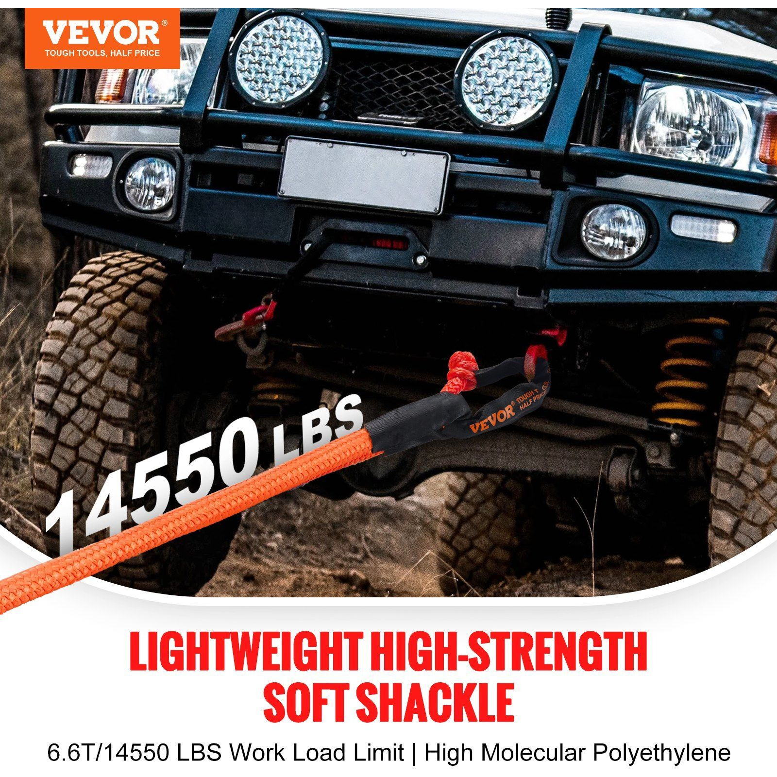 VEVOR Soft Shackle Synthetic Recovery Rope 2PCS 1/2&quotx22" 44092lbs Break Strength