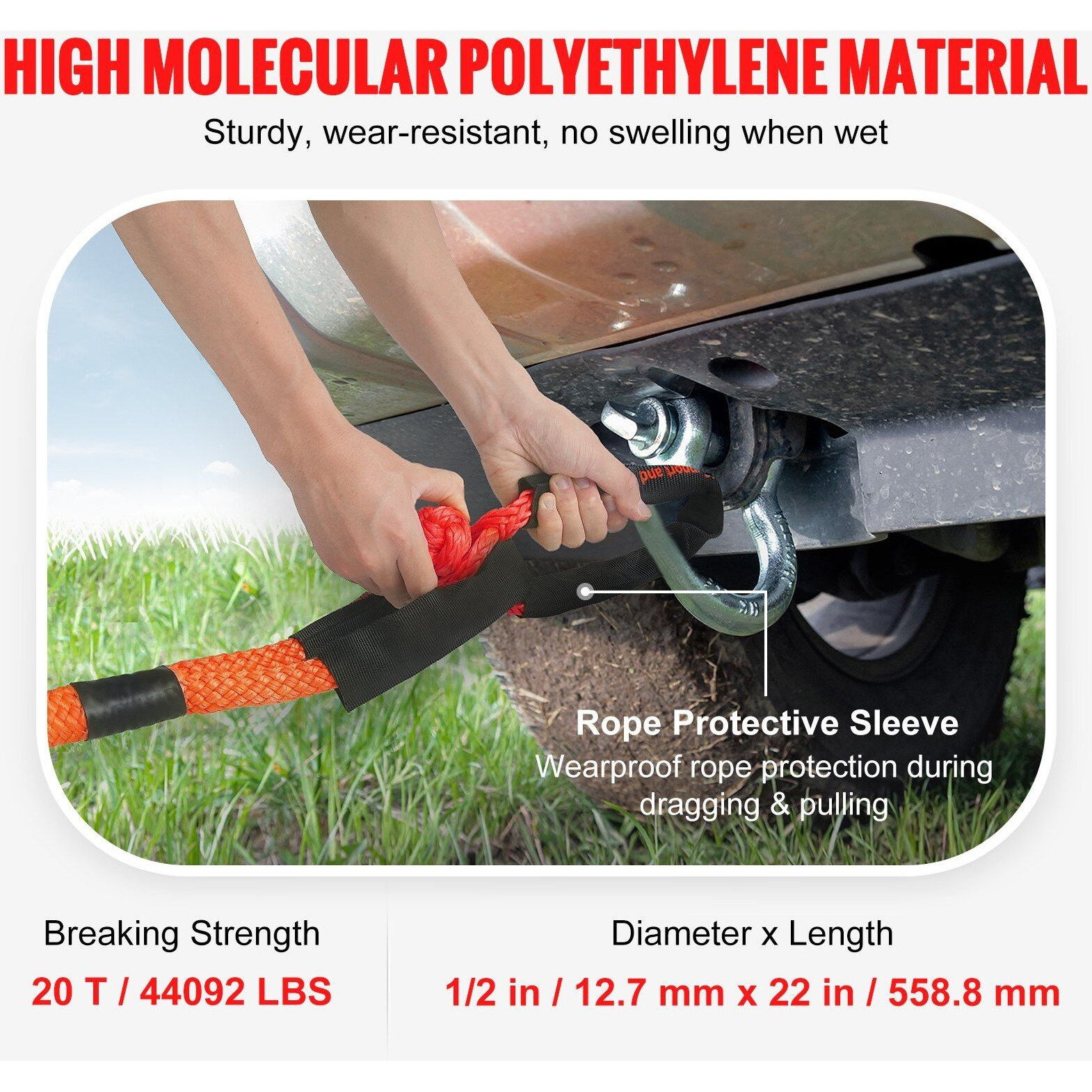 VEVOR Soft Shackle Synthetic Recovery Rope 2PCS 1/2&quotx22" 44092lbs Break Strength