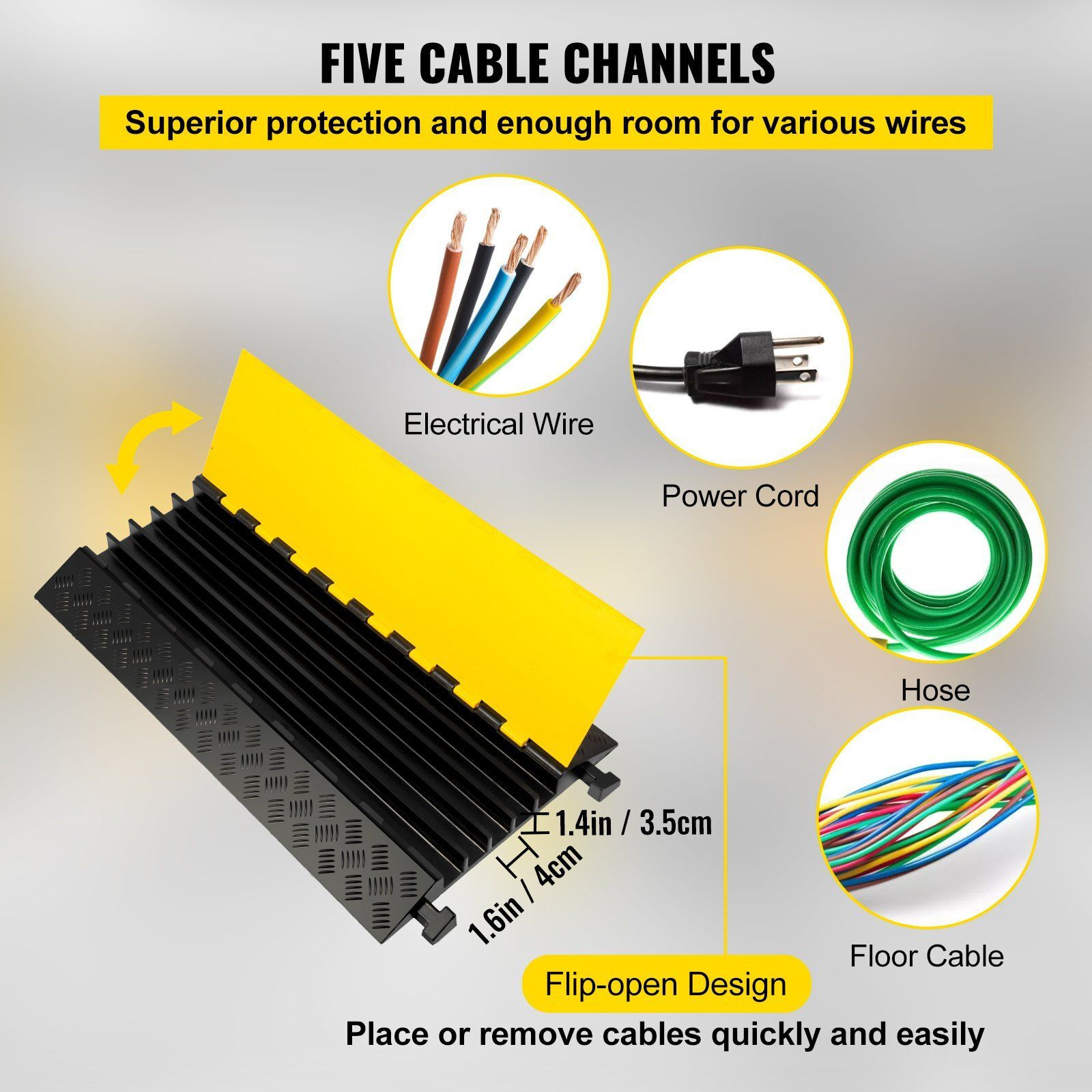 VEVOR 5 Channel Cable Protectors Extreme Rubber Cable Ramps Heavy Duty Protective Cable Wire Cord Ramp Driveway Rubber Traffic Speed Bumps Cable Protector (5-Channel 1Pack-18000Lb)