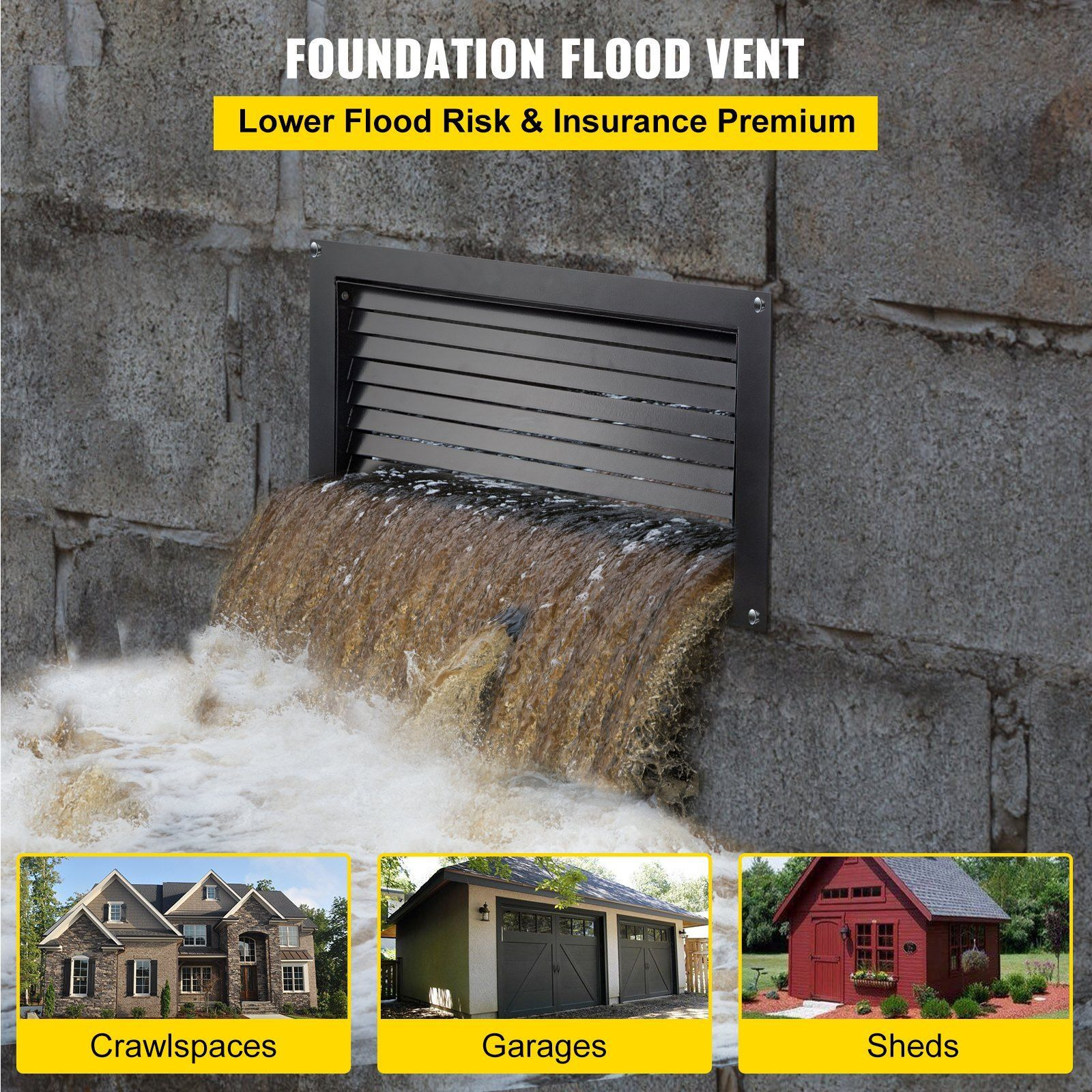 VEVOR Foundation Flood Vent, 8" Height x 16" Width Flood Vent, to Reduce Foundation Damage and Flood Risk, Black, Wall Mounted Flood Vent, for Garages & Full Height Enclosures
