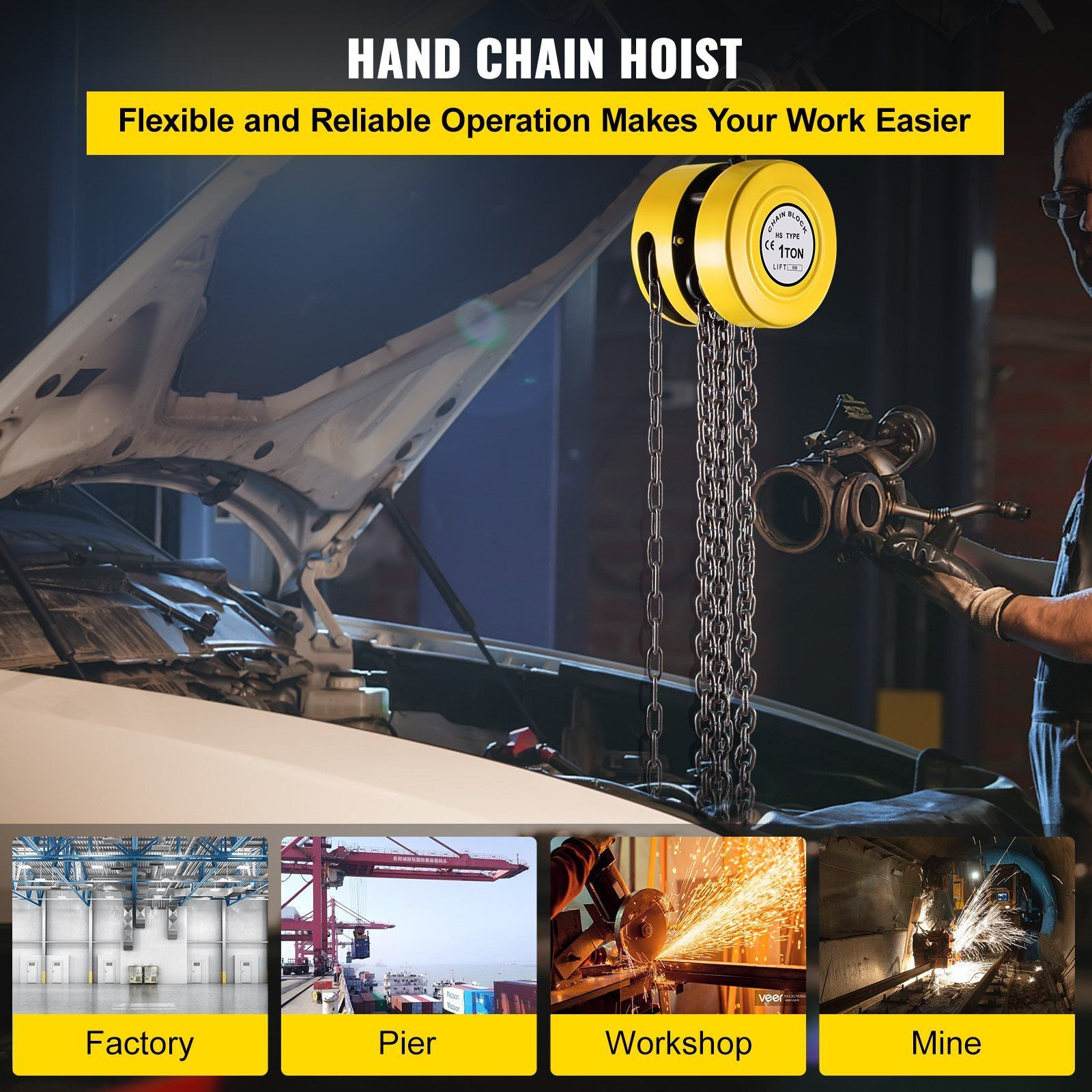 VEVOR Hand Chain Hoist, 2200 lbs /1 Ton Capacity Chain Block, 20ft/6m Lift Manual Hand Chain Block, Manual Hoist w/Industrial-Grade Steel Construction for Lifting Good in Transport & Workshop, Yellow