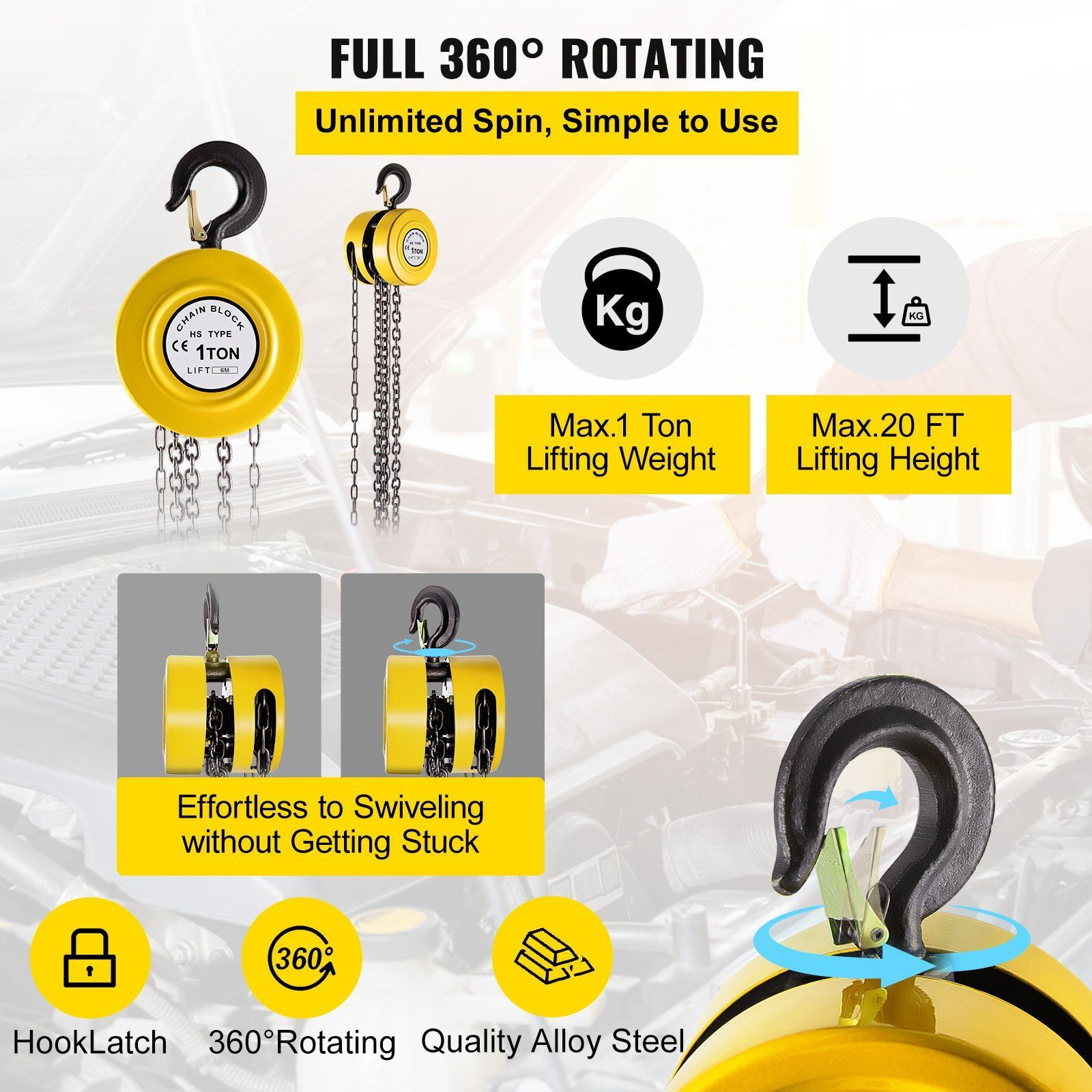 VEVOR Hand Chain Hoist, 2200 lbs /1 Ton Capacity Chain Block, 20ft/6m Lift Manual Hand Chain Block, Manual Hoist w/Industrial-Grade Steel Construction for Lifting Good in Transport & Workshop, Yellow