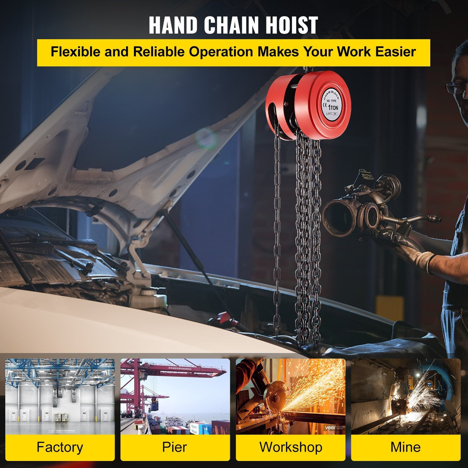 VEVOR Hand Chain Hoist, 2200 lbs /1 Ton Capacity Chain Block, 10ft/3m Lift Manual Hand Chain Block, Manual Hoist w/Industrial-Grade Steel Construction for Lifting Good in Transport & Workshop, Red