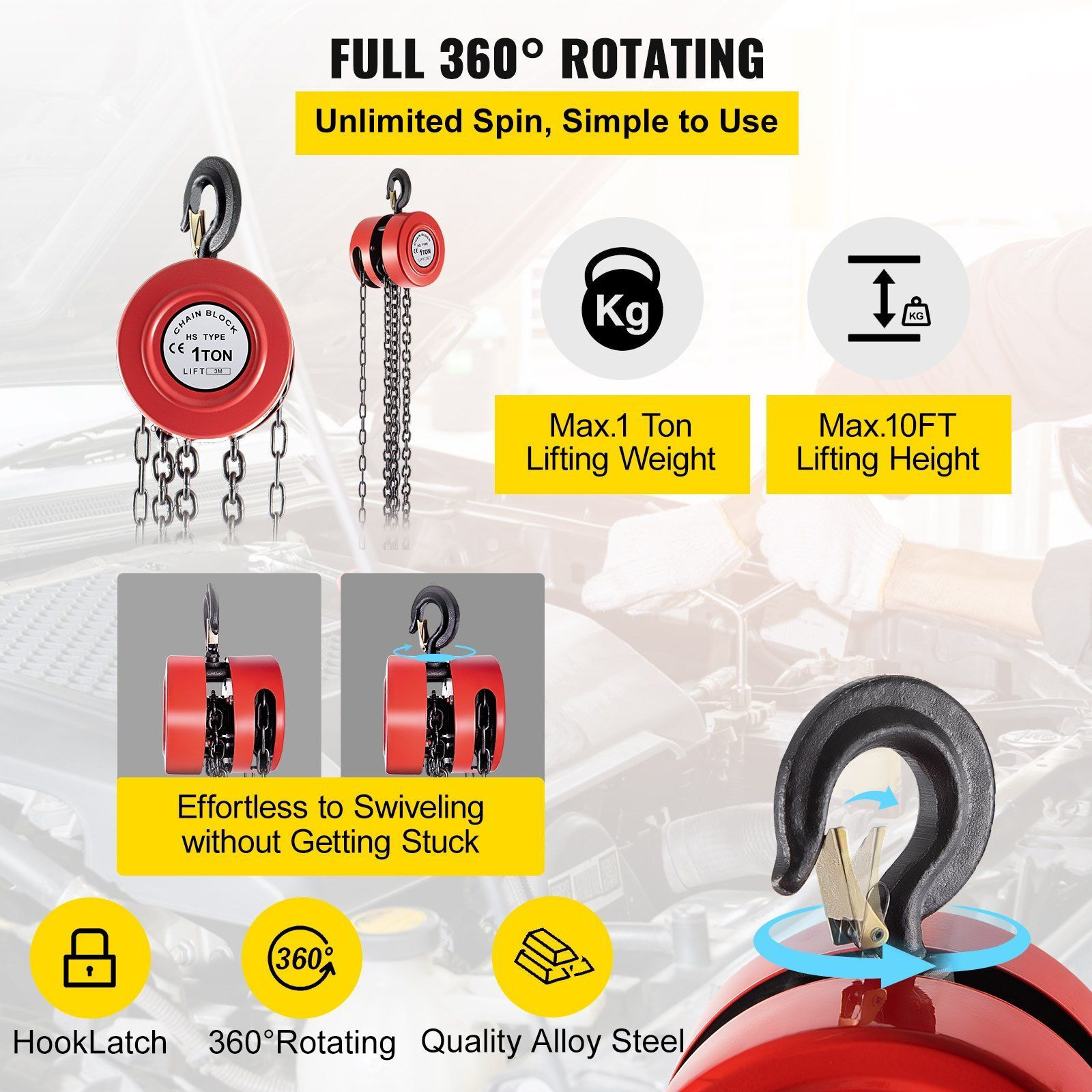 VEVOR Hand Chain Hoist, 2200 lbs /1 Ton Capacity Chain Block, 10ft/3m Lift Manual Hand Chain Block, Manual Hoist w/Industrial-Grade Steel Construction for Lifting Good in Transport & Workshop, Red