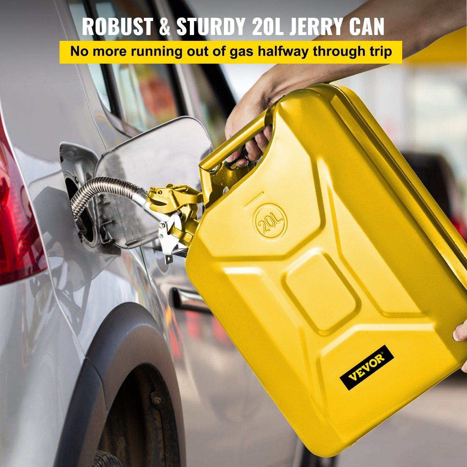 VEVOR Jerry Fuel Can, 5.3 Gallon / 20 L Portable Jerry Gas Can with Flexible Spout System, Rustproof and Heat-resistant Steel Fuel Tank for Cars Trucks Equipment, Yellow