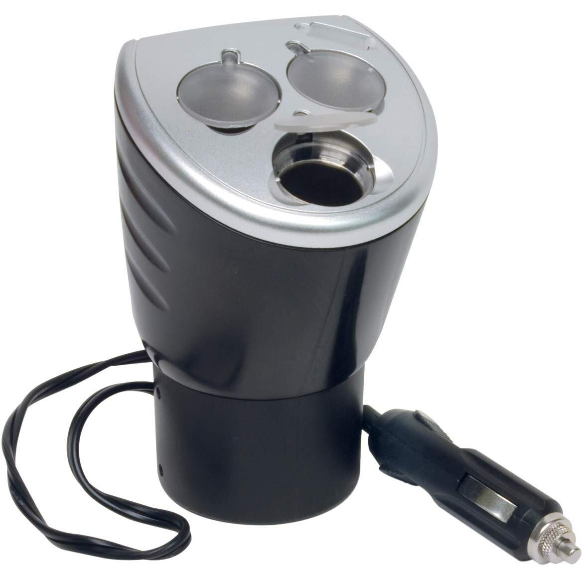 4-In-1 Power Outlet Cupholder Adapter with 3 12-Volt and 1 USB Port Multi Charger RP492