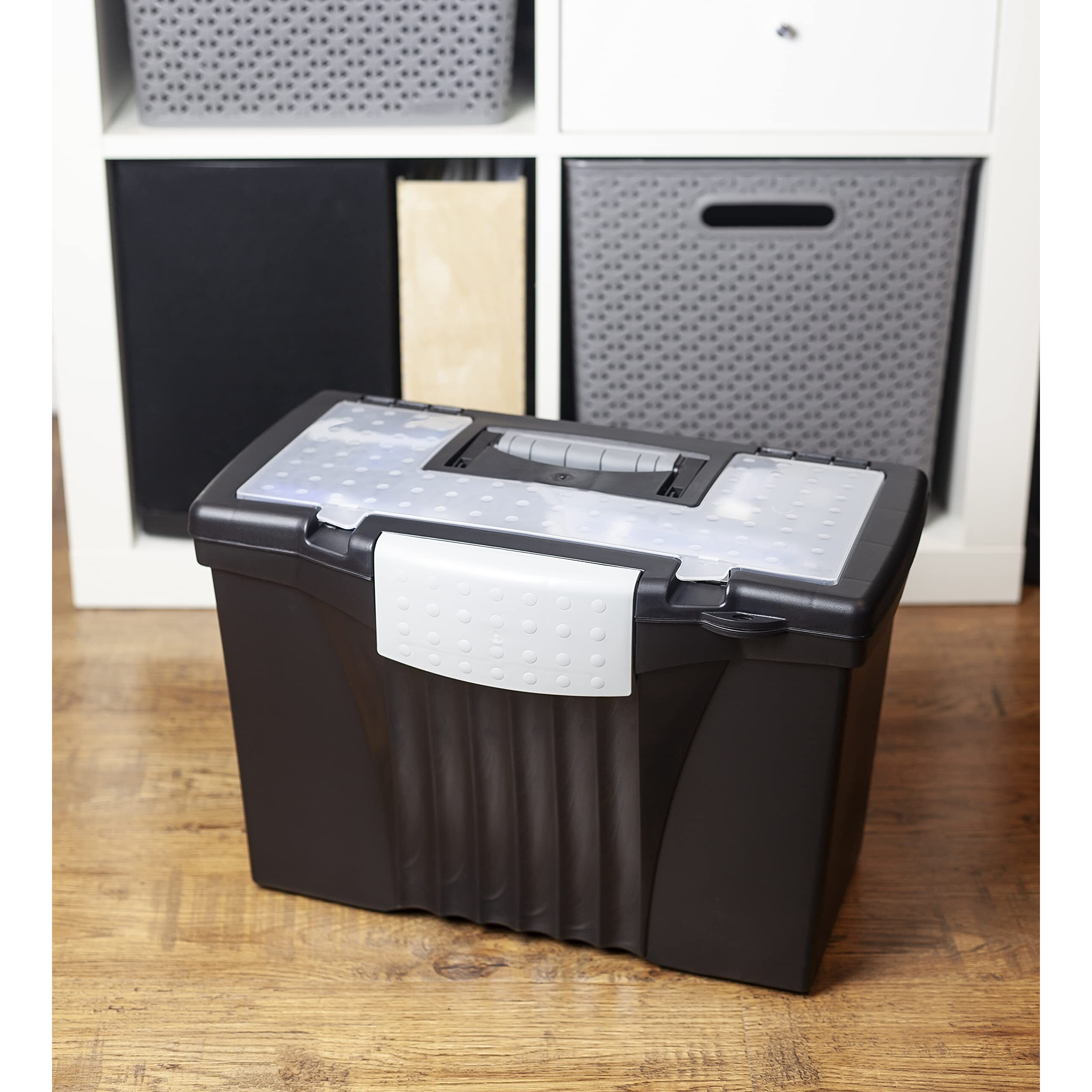 Storex Portable File Box with Organizer Lid, Letter/Legal, Black