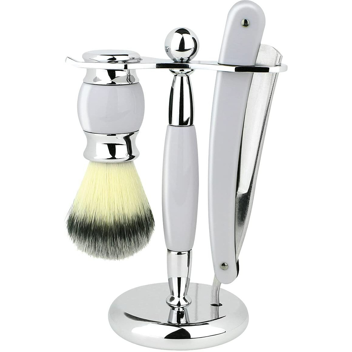 Union Razors SS5W Wet Shaving Kit for Men 3-Piece Shaving Gift Set with Brush and - Stand Straight Razor Barber Kit - White