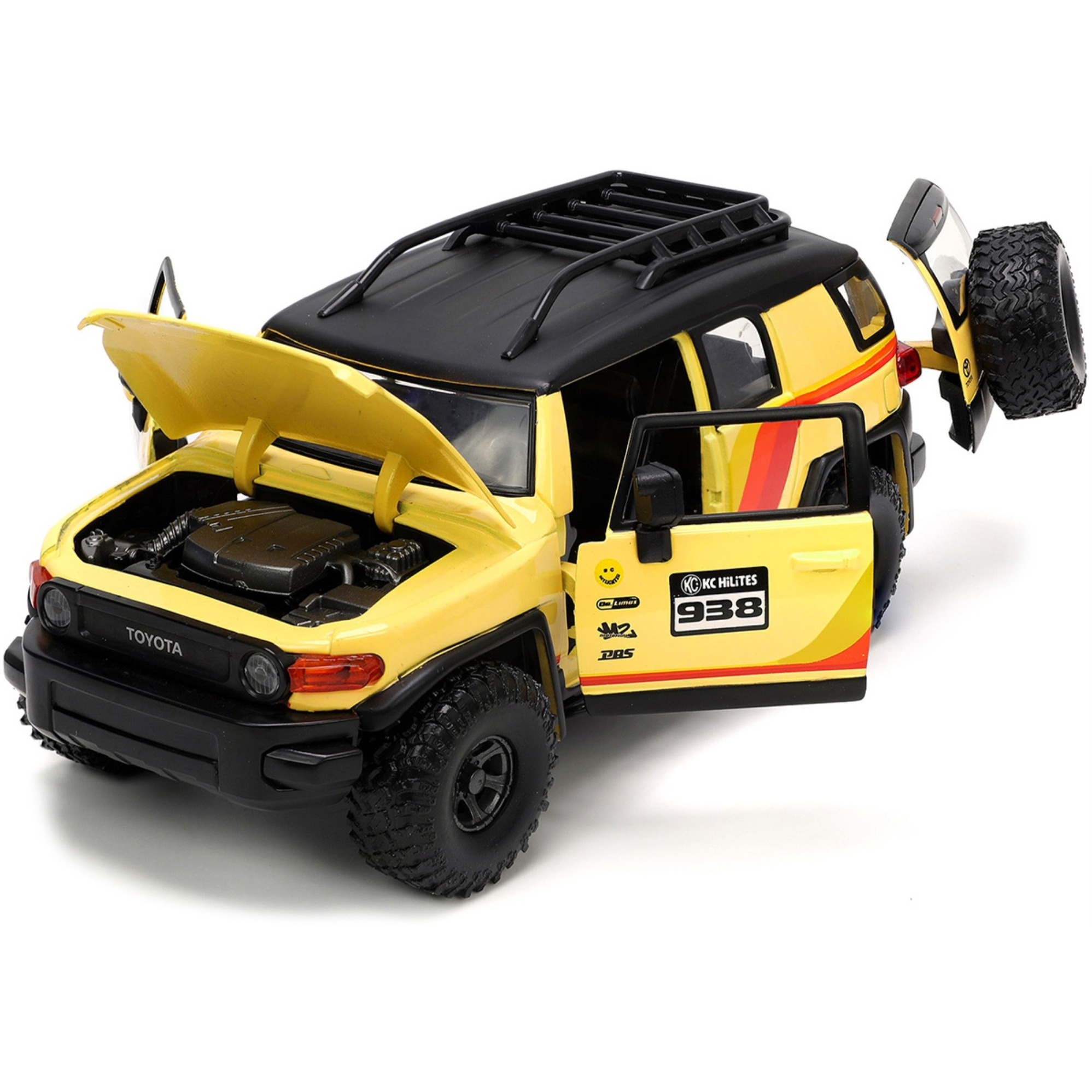 Toyota FJ Cruiser 938 Cream with Matt Black Top with Roof Rack and Stripes &quotKC Hilites" with Extra Wheels &quotJust Trucks" Series 1/24 Diecast Model Car by Jada