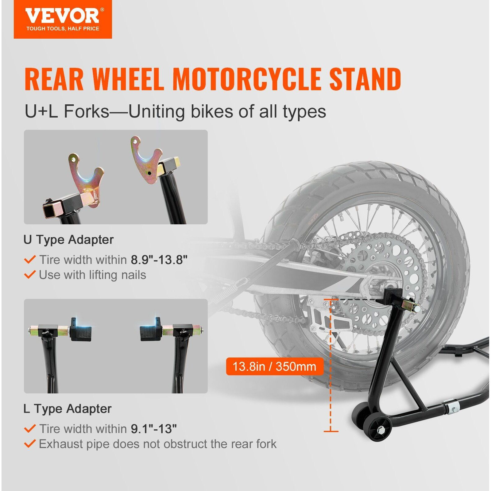 VEVOR Motorcycle Rear Wheel Stand, with U + L Fork Swingarm Spool, 850 lbs Capacity Heavy Duty Rear Wheel Stand Motorcycle Lift Jack Stand, for Suzuki Yamaha Honda Kawasaki, Black