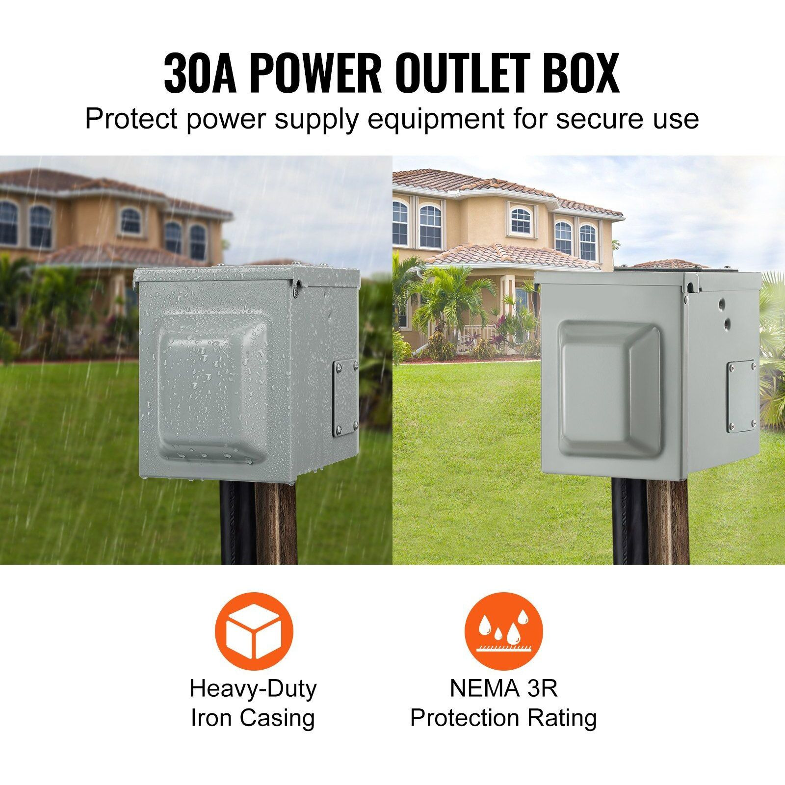 VEVOR 30 Amp RV Power Outlet Box, 125/250 Volt, Enclosed Lockable Outdoor RV Receptacle Box, NEMA TT-30R Weatherproof Electrical Panel, for RV Camper Trailer Motorhome Tested to UL Standards