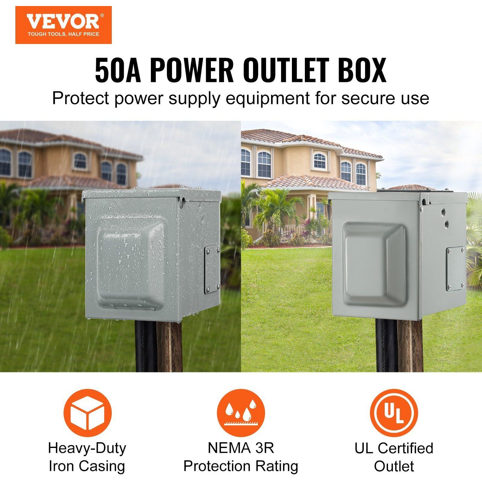 VEVOR 50 Amp RV Power Outlet Box, 125/250 Volt, Enclosed Lockable Outdoor RV Receptacle Box, NEMA 14-50R Weatherproof Electrical Panel, for RV Camper Trailer Motorhome Electric Car, UL Listed Outlet