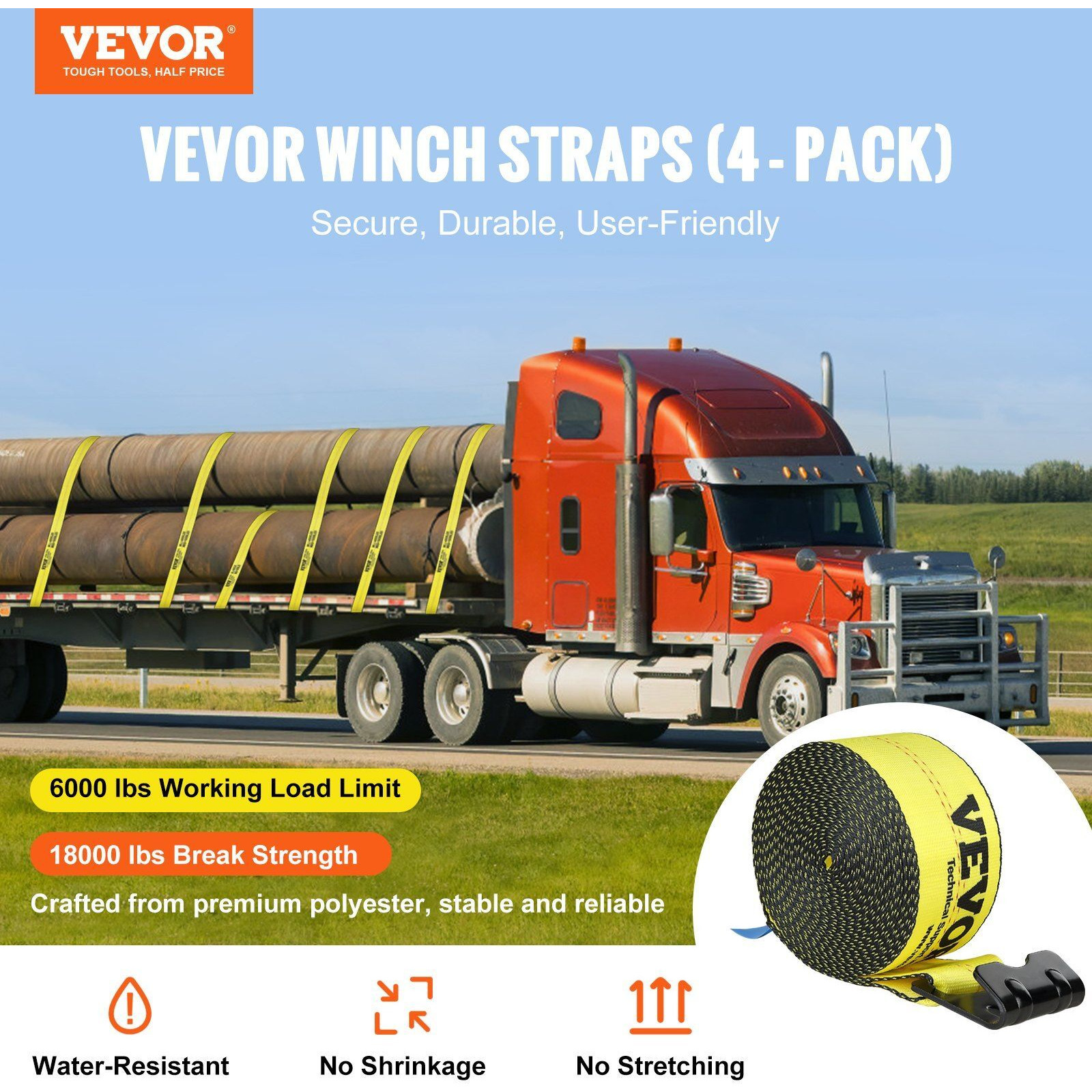 VEVOR Winch Straps, 4" x 30', 6000 lbs Load Capacity, 18000 lbs Break Strength, Truck Straps with Flat Hook, Flatbed Tie Downs Cargo Control for Trailers, Farms, Rescues, Tree Saver, Yellow (4 Pack)