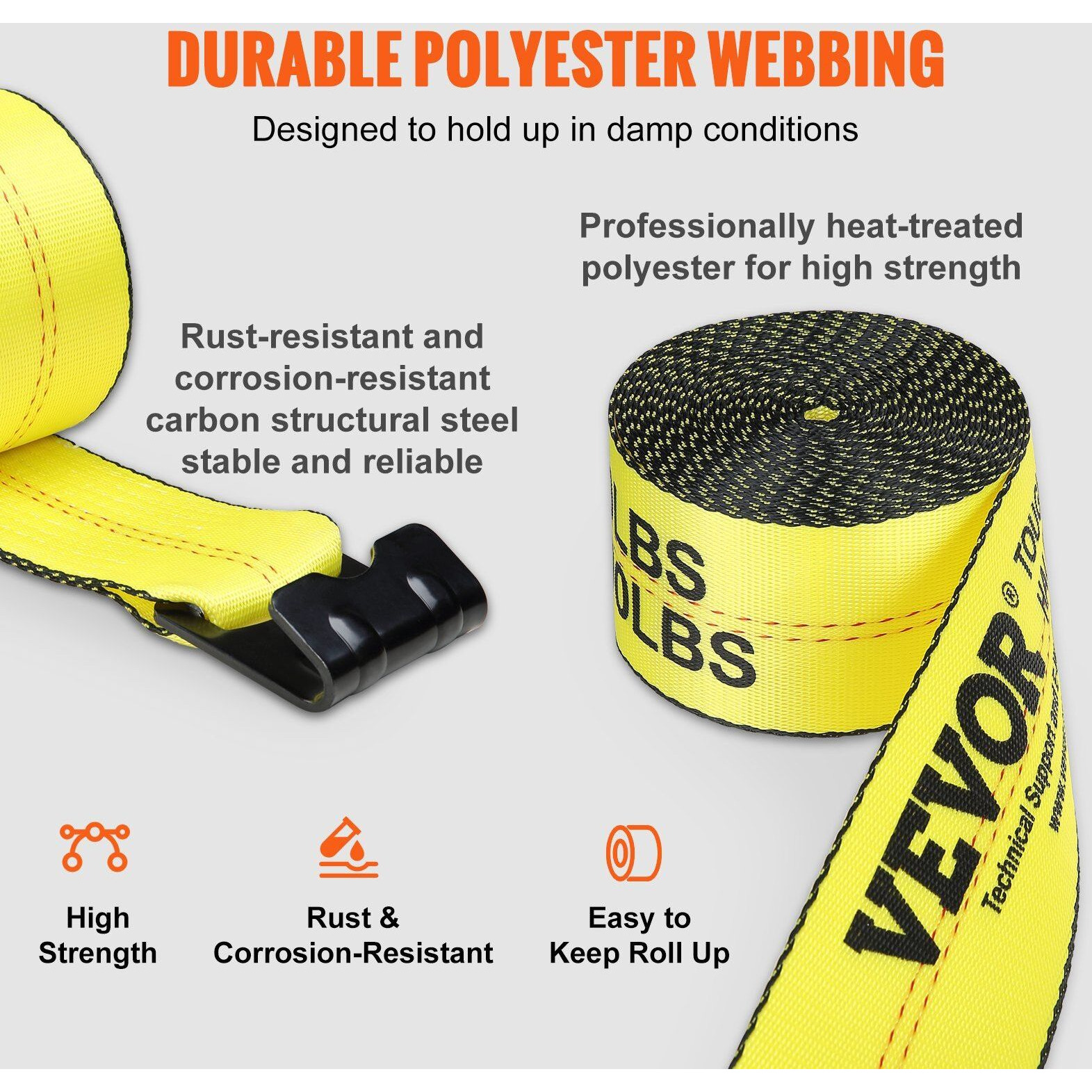 VEVOR Winch Straps, 4" x 30', 6000 lbs Load Capacity, 18000 lbs Break Strength, Truck Straps with Flat Hook, Flatbed Tie Downs Cargo Control for Trailers, Farms, Rescues, Tree Saver, Yellow (4 Pack)
