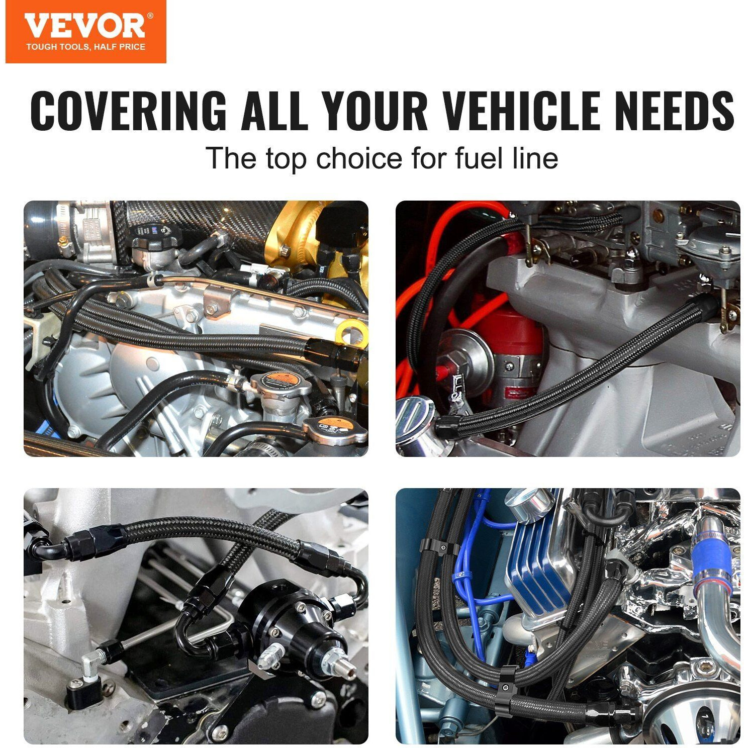 VEVOR 6AN Fuel Line Kit, 20 FT Fuel Hose Kit, 0.34" Nylon Stainless Steel Braided Fuel Line Oil/Gas/Diesel Hose End Fitting Kit, with 12 PCS Swivel Fitting Adapter Kit, Black