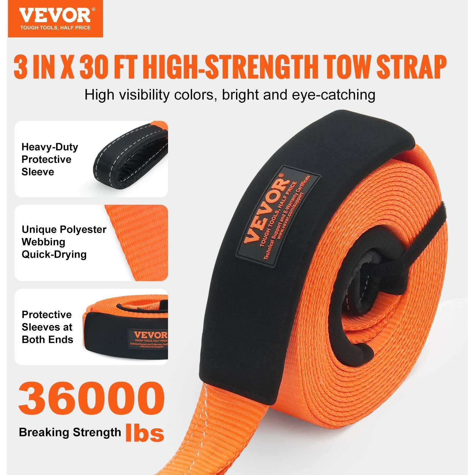 VEVOR Polyester Heavy Duty Tow Strap Recovery Kit 3" x 30 ft (MBS-36,000 lbs) Winch Strap, Triple Reinforced Loop, Snatch Strap + 2" Shackle Hitch Receiver + 3/4" D-Ring Shackles (2PCS) + Storage Bag