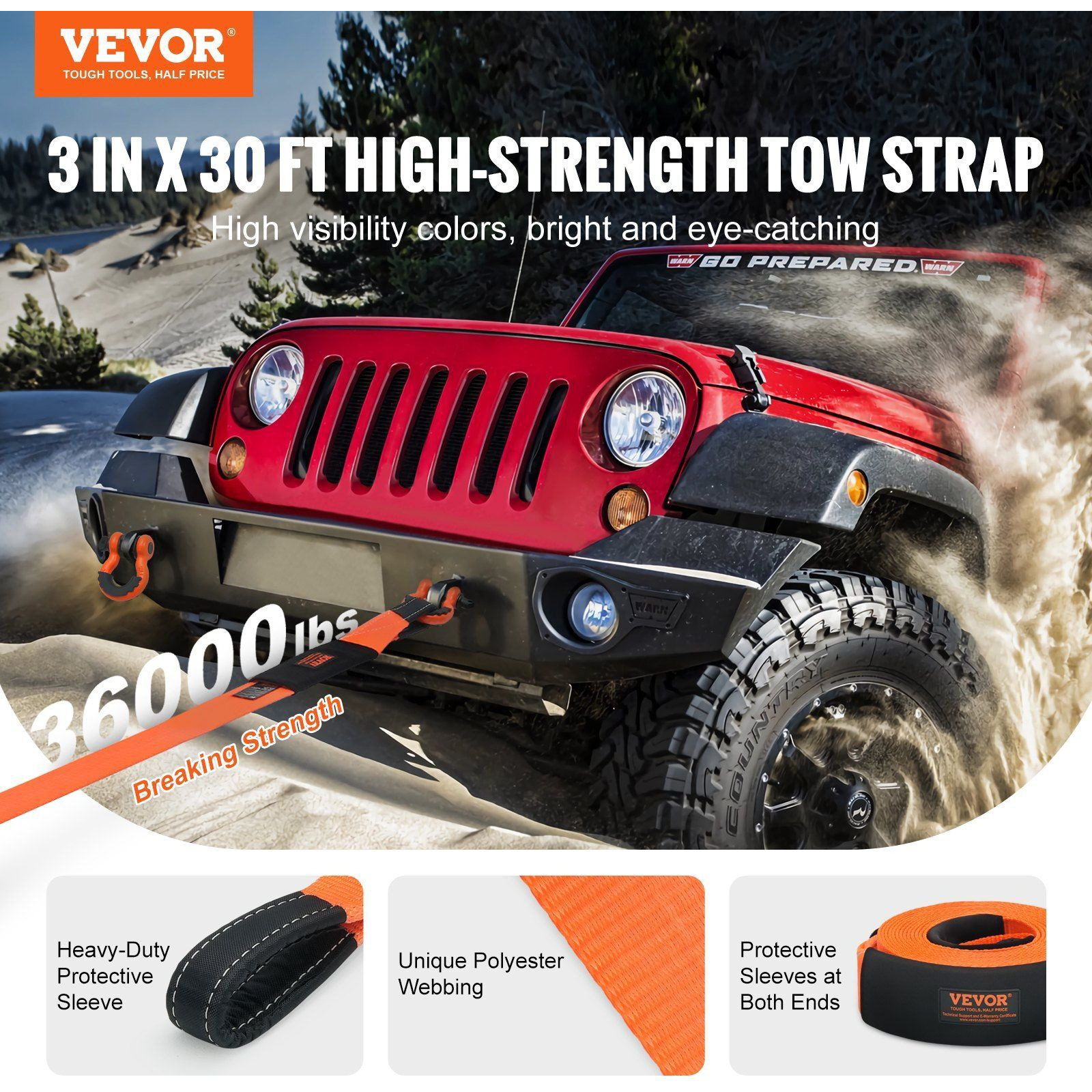 VEVOR Heavy Duty Tow Strap Recovery Kit 3" x 30 ft (MBS-36,000 lbs) Tree Saver Winch Strap, Triple Reinforced Loop & Protective Sleeves & Storage Bag , 3/4" D-Ring Shackles, for Truck Jeep SUV ATV