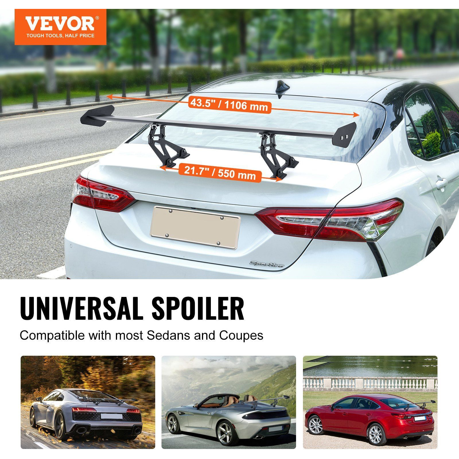 VEVOR GT Wing Car Spoiler, 43.3 inch Universal Spoiler with Single Deck, Adjustable Lightweight Aluminum, Car Rear Spoiler Wing, Racing Spoiler BGW/JDM Drift Black