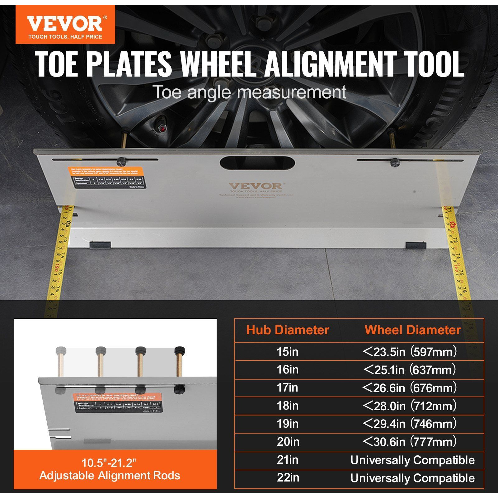 VEVOR Wheel Alignment Tool, 2-Pack Alignment Tool Toe Plates, Stainless Steel Toe Angle Measurement Tool Plate, 4 Alignment Rods and Magnetic Slots, Includes Measuring Tapes & Conversion Chart