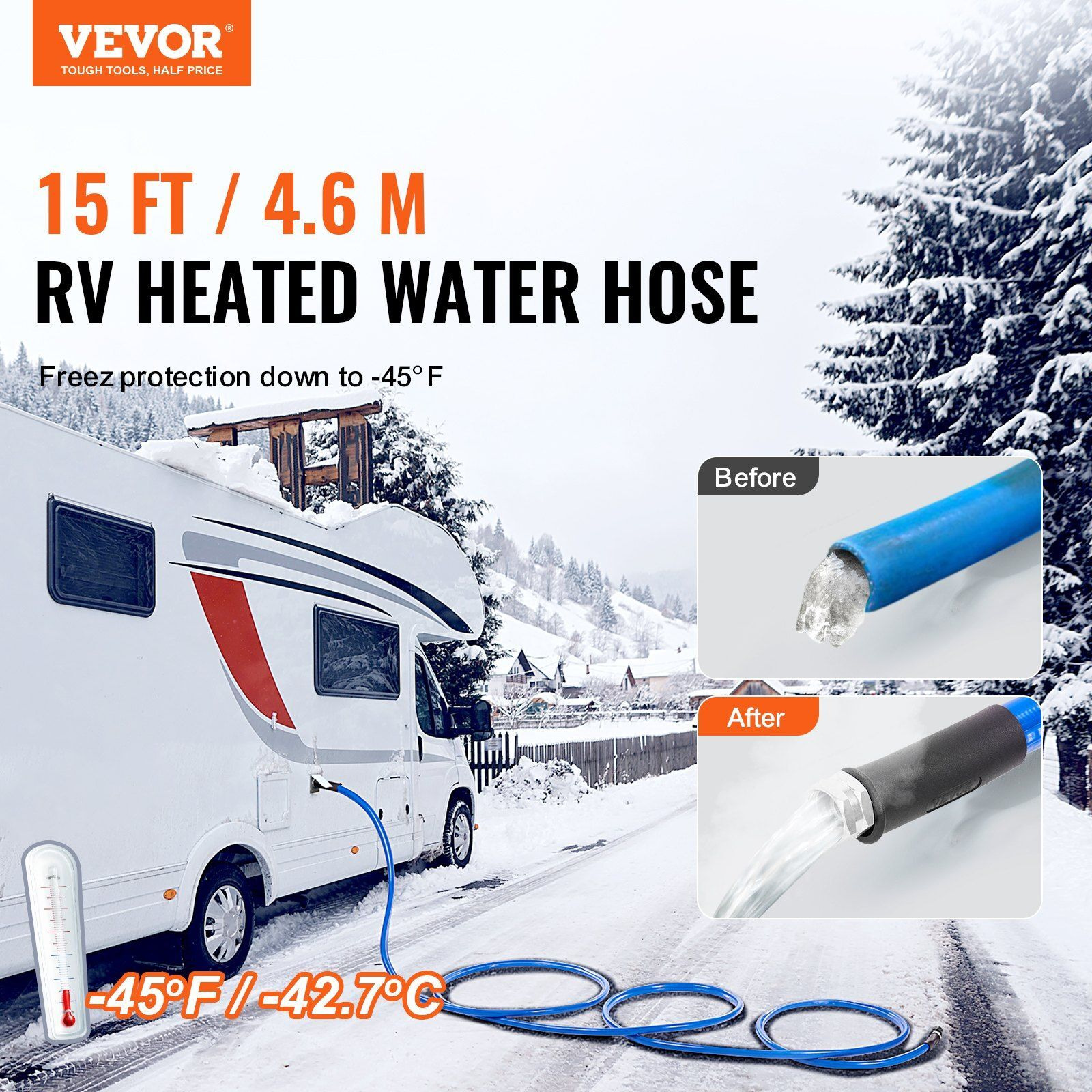 VEVOR 15ft Heated Water Hose for RV, Heated Drinking Water Hose Antifreeze to -45F, Automatic Self-regulating, 5/8" I.D. with 3/4" GHT Adapter, Lead and BPA Free