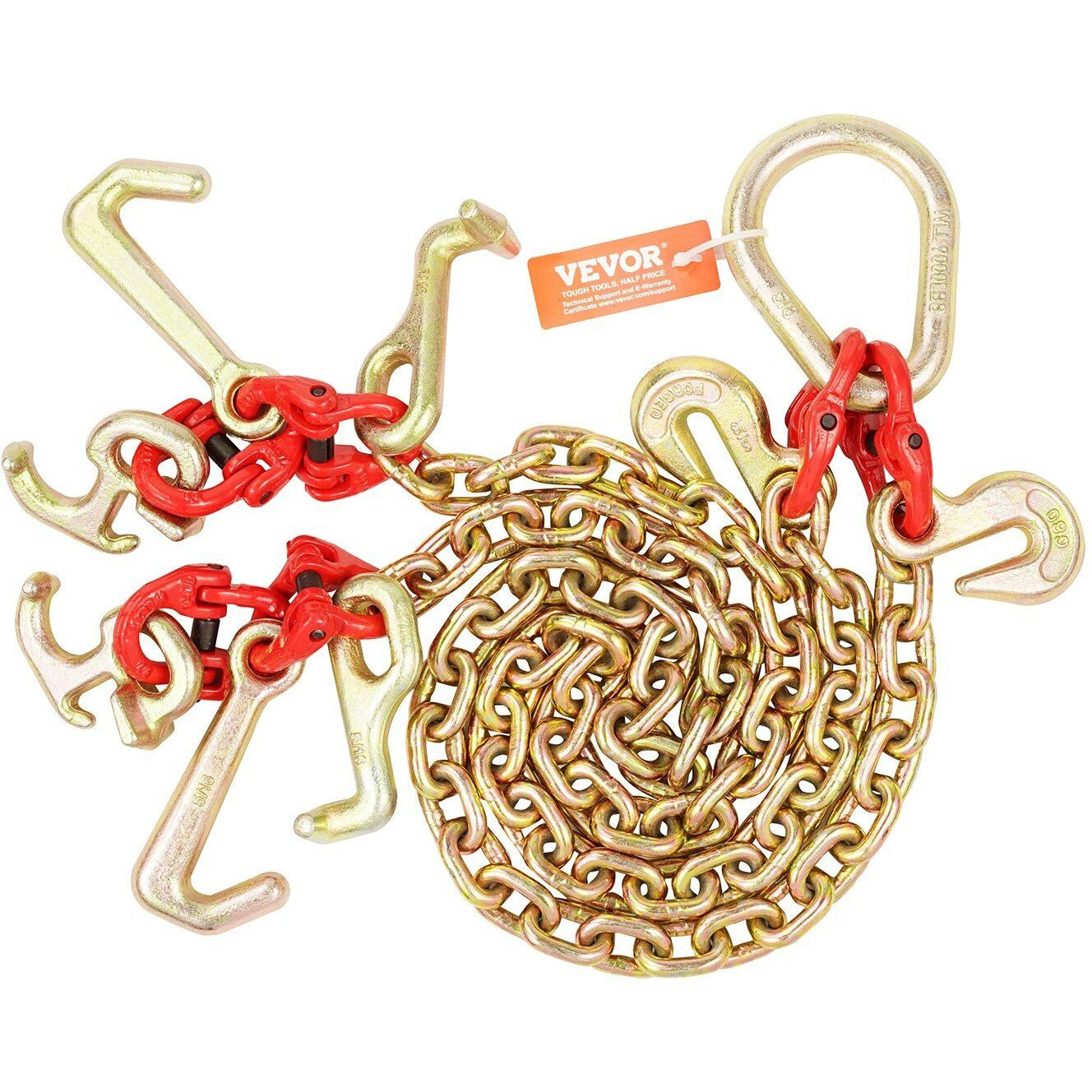 VEVOR 5/16" x 3' G80 Tow Chain V-Chain Bridle RTJ & Grab Hooks Wrecker 10800 lbs