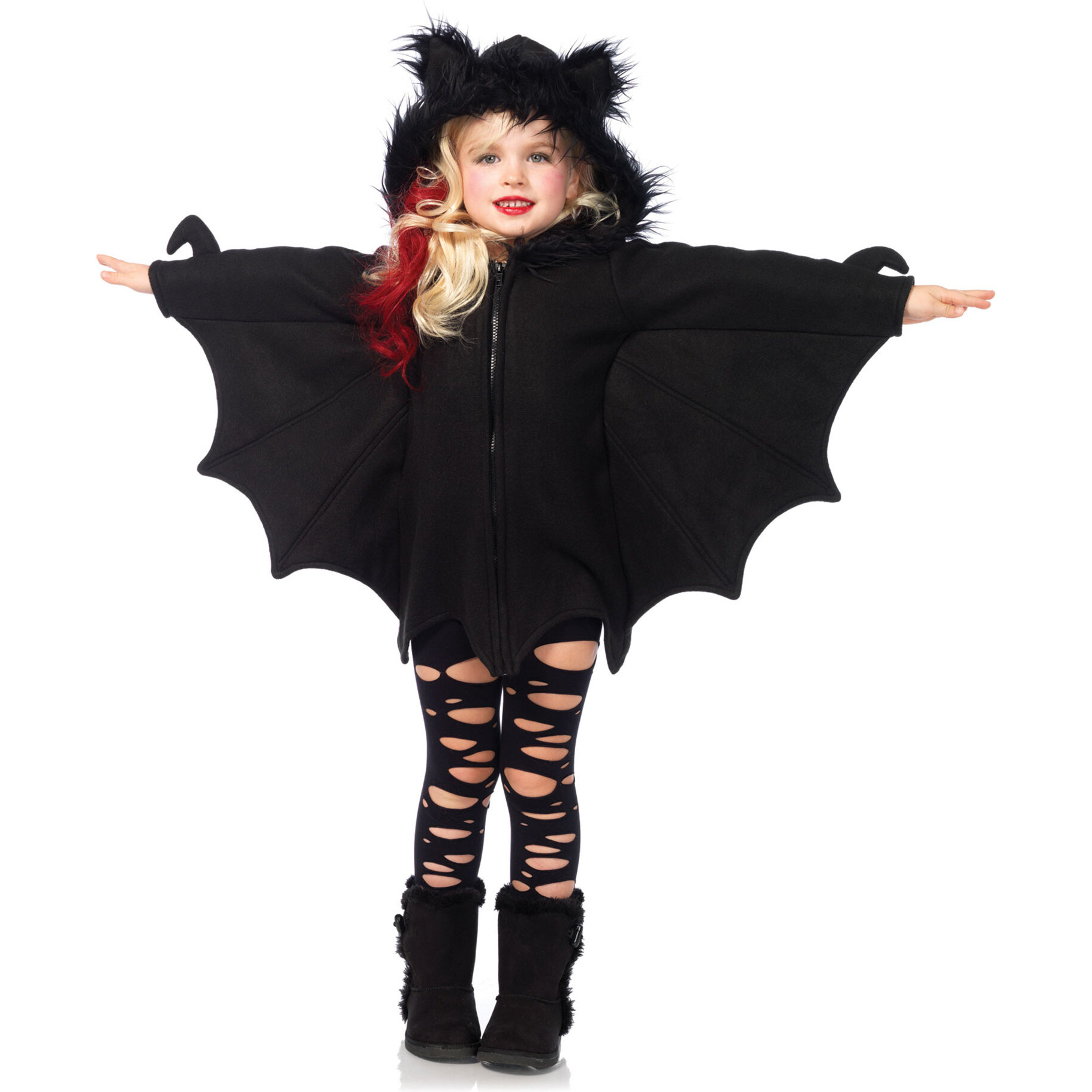 Cozy Bat,zipper front fleece dresswith furry ear hood XS BLACK