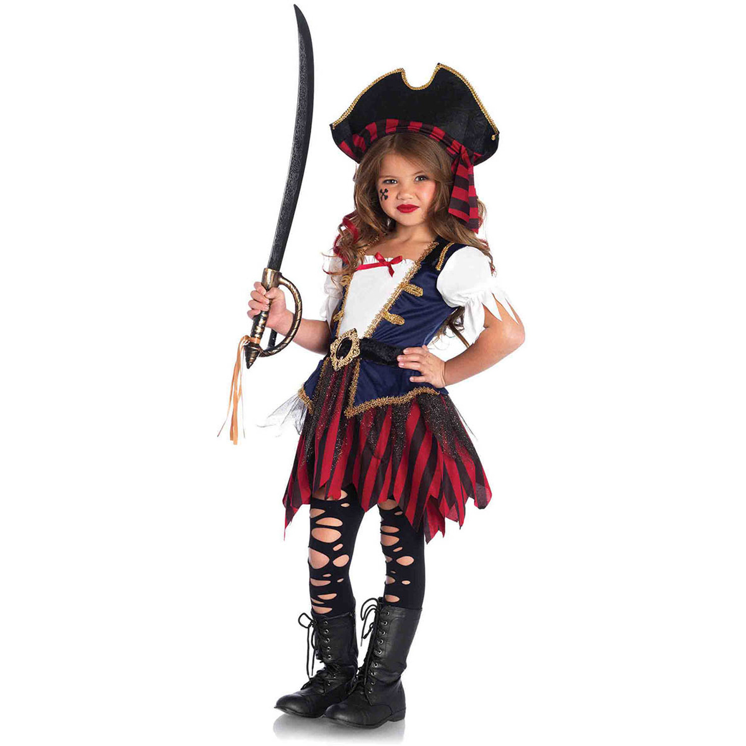 2 PC.Caribbean Pirate, gold trimmed dress with belt and pirate hat XS MULTICOLOR