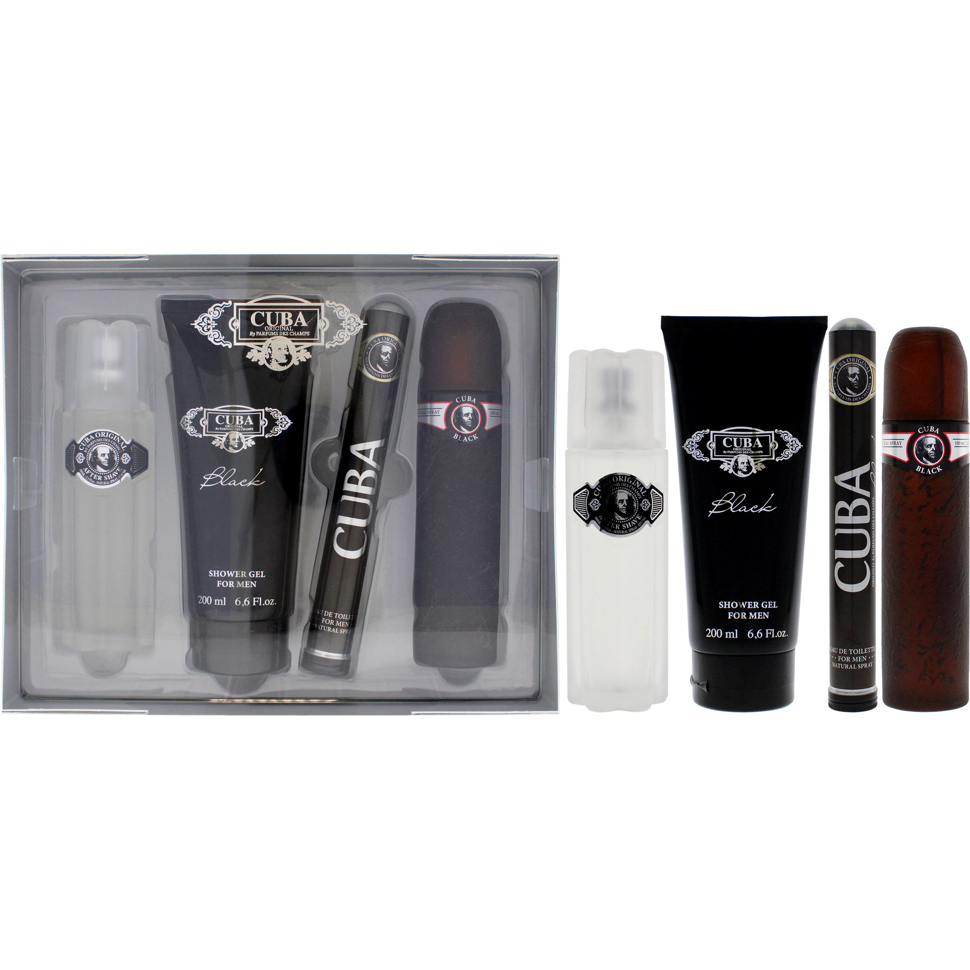 Cuba Black by Cuba for Men - 4 Pc Gift Set 3.3oz EDT Spray, 1.7oz EDT Spray, 3.3oz After Shave, 6.7oz Shower Gel