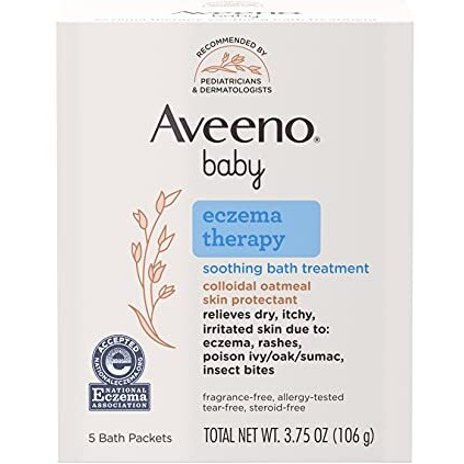 Aveeno Baby Eczema Therapy Bath Treatment for Relief of Dry, Itchy and Irritated Skin, Made with Soothing Natural Colloidal Oatmeal, Unscented, 3.75 Oz, 5 Count, Pack of 2