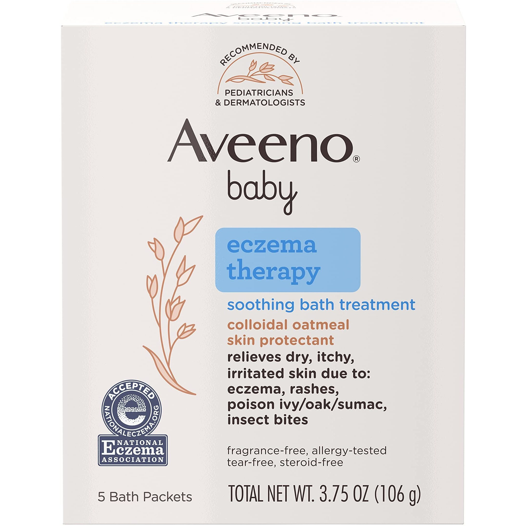 Aveeno Baby Eczema Therapy Bath Treatment for Relief of Dry, Itchy and Irritated Skin, Made with Soothing Natural Colloidal Oatmeal, Unscented, 3.75 Oz, 5 Count, Pack of 2
