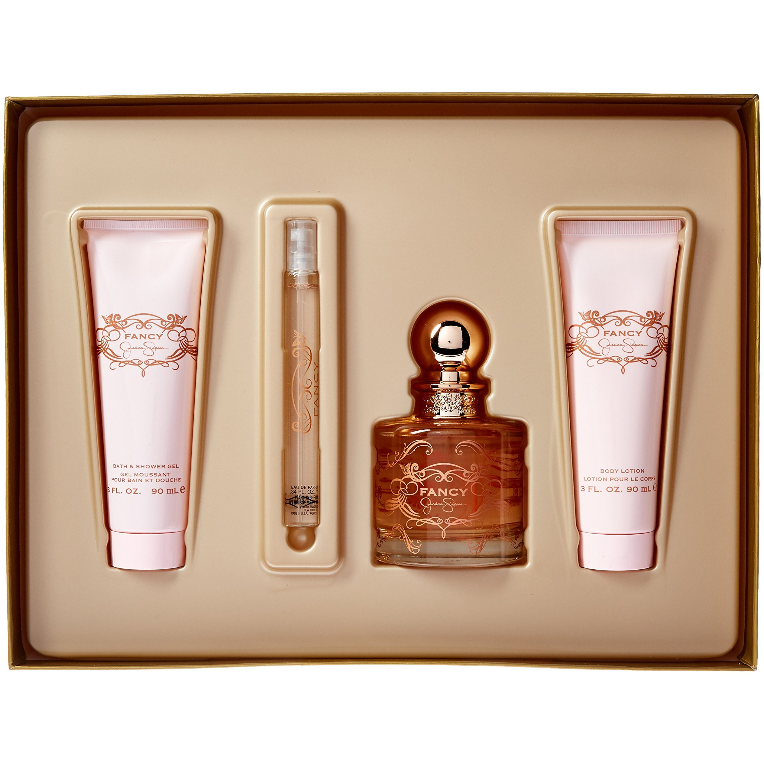 Fancy by Jessica Simpson for Women - 4 Pc Gift Set 3.4oz EDP Spray, 0.34oz EDP Spray, 3oz Body Lotion, 3oz Bath and Shower Gel