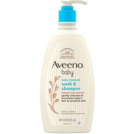 Aveeno Baby Daily Moisture Gentle Bath Wash & Shampoo with Natural Oat Extract, Hypoallergenic, Tear-Free & Paraben-Free Formula For Sensitive Hair & Skin, Lightly Scented, 18 fl. oz