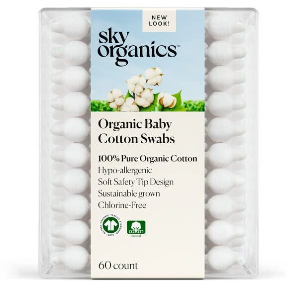 Sky Organics Organic Baby Cotton Swabs for Baby, 100% Pure Organic Cotton, GOTS Certified Organic Cotton, 60 Count