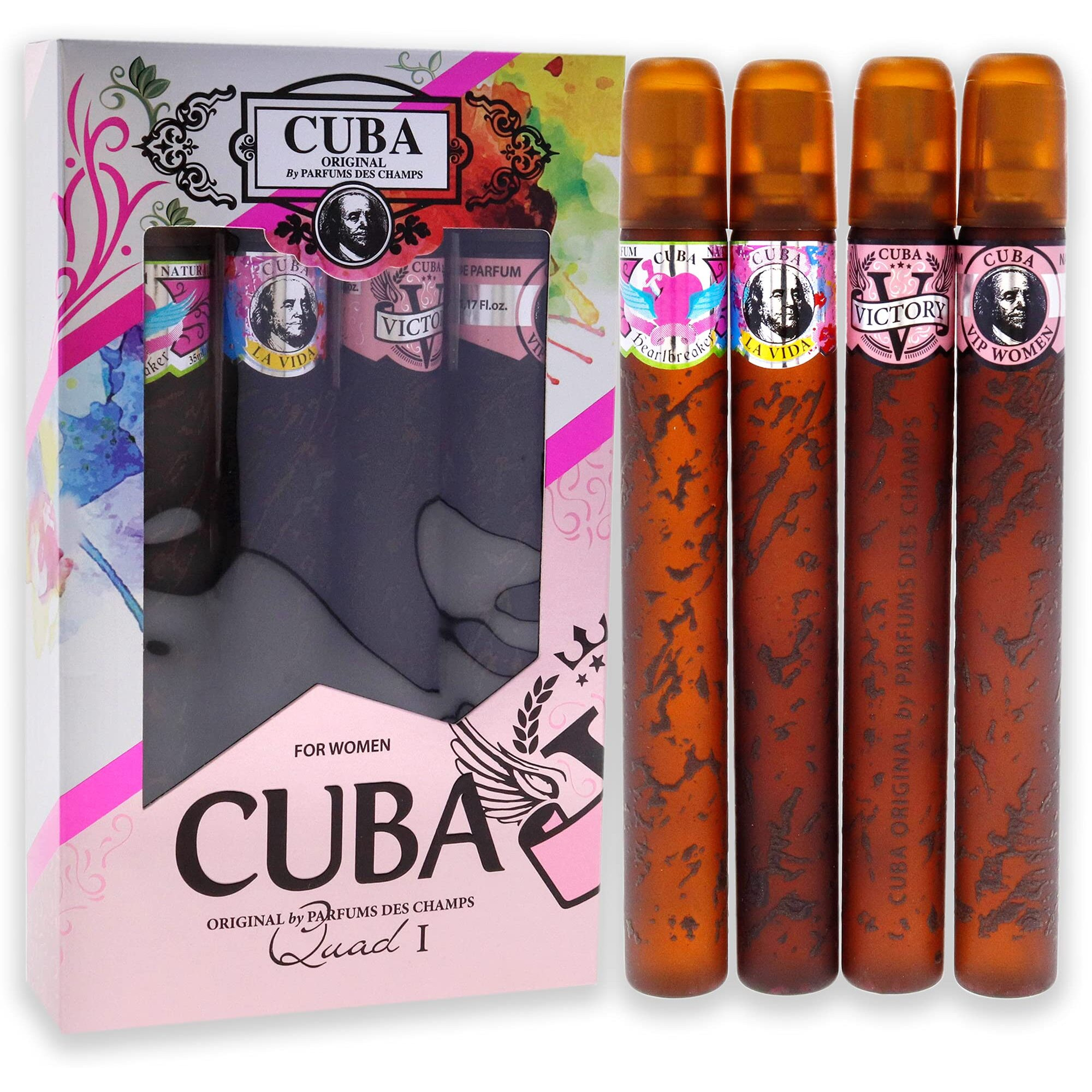 Cuba Quad I by Cuba for Women - 4 Pc Gift Set 1.17oz Cuba Heartbreak EDP Spray, 1.17oz Cuba La Vida EDP Spray, 1.17oz Cuba Victory EDP Spray, 1.17oz Cuba VIP EDP Spray